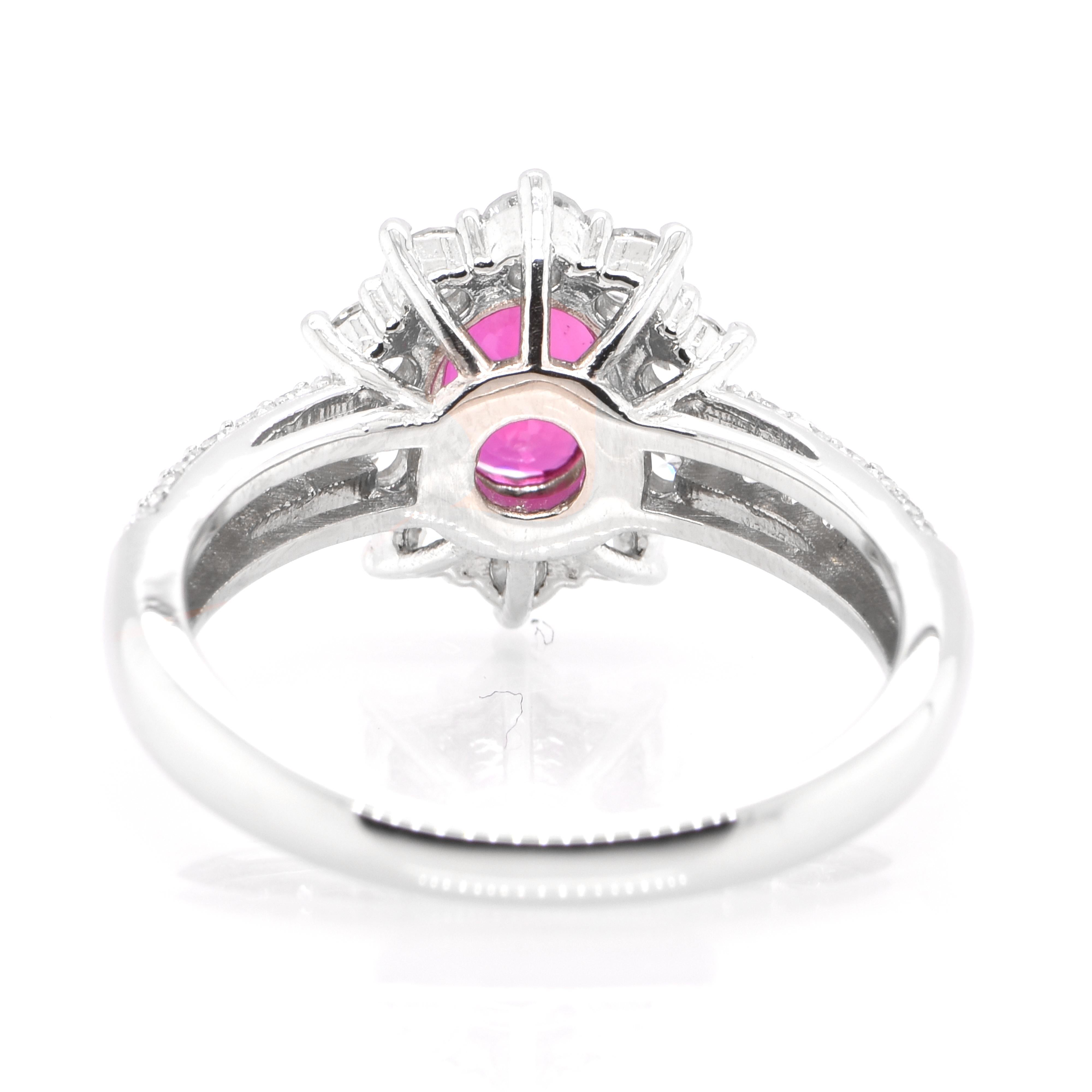 Modern 1.07 Carat Natural Ruby and Diamond Halo Ring Set in Platinum For Sale