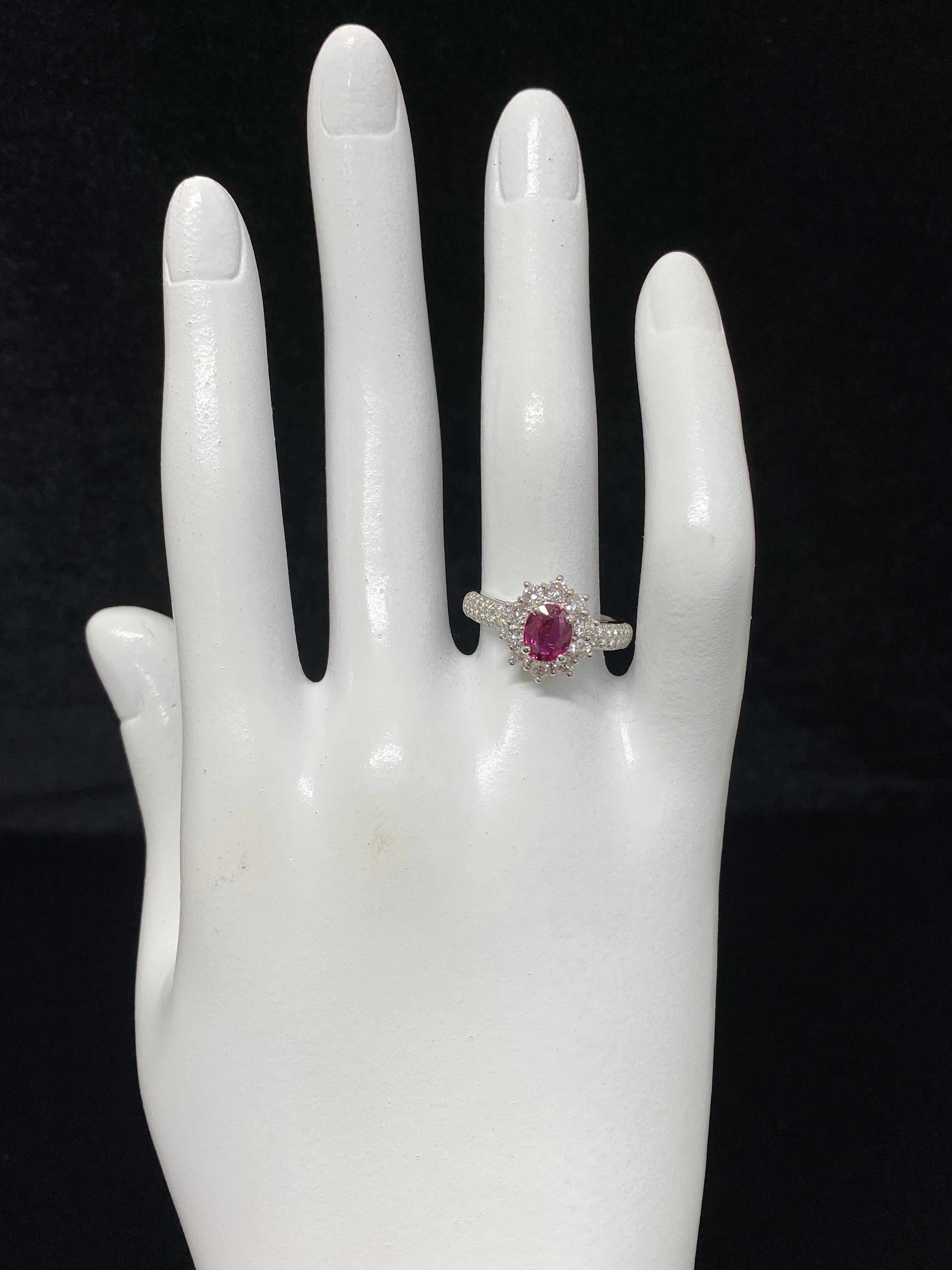 Oval Cut 1.07 Carat Natural Ruby and Diamond Halo Ring Set in Platinum For Sale