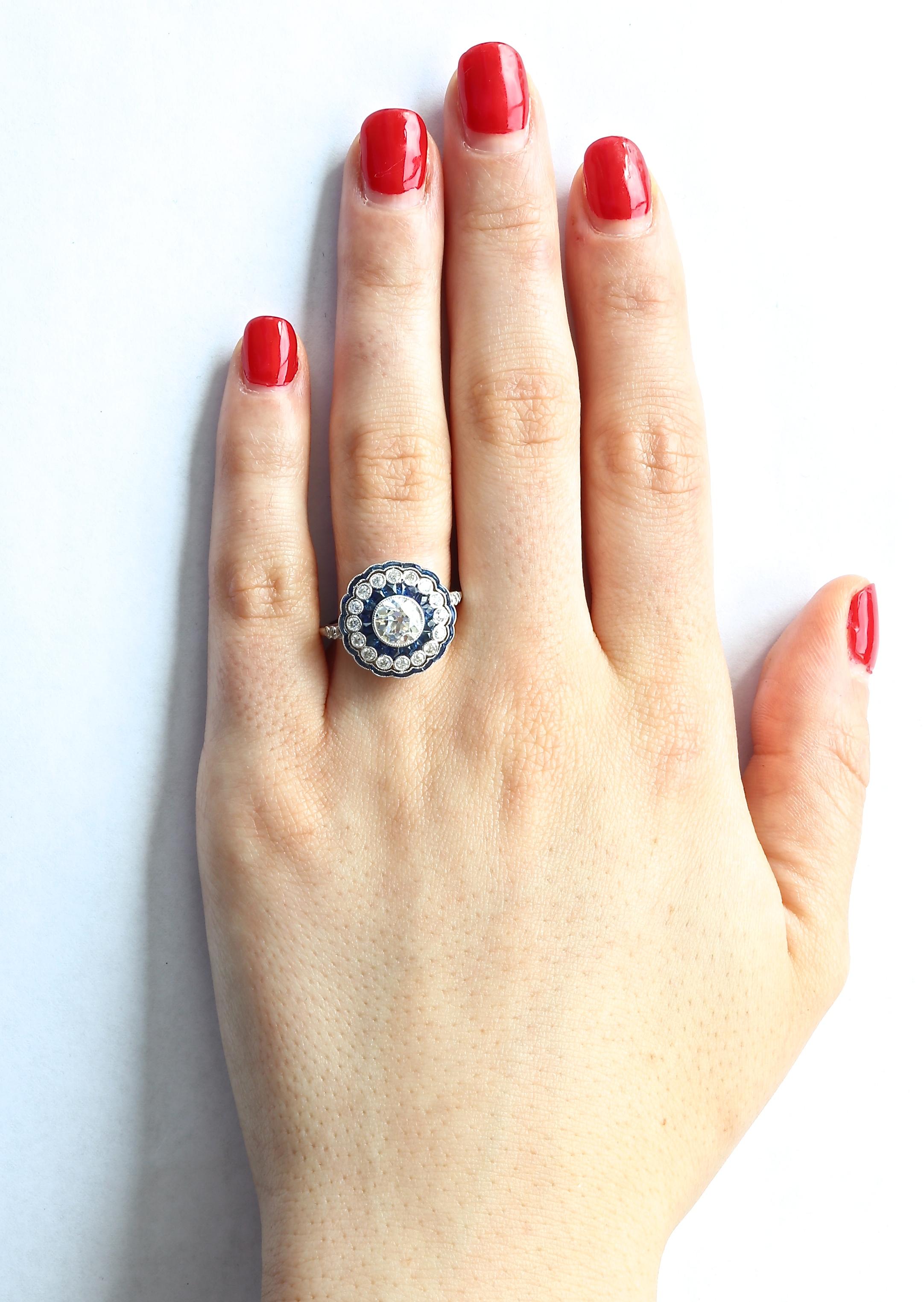 Women's 1.07 Carat Old European Cut Diamond Sapphire Platinum Engagement Ring