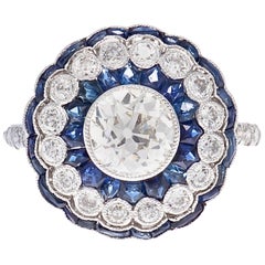 1.07 Carat Old European Cut Diamond Sapphire Platinum Engagement Ring