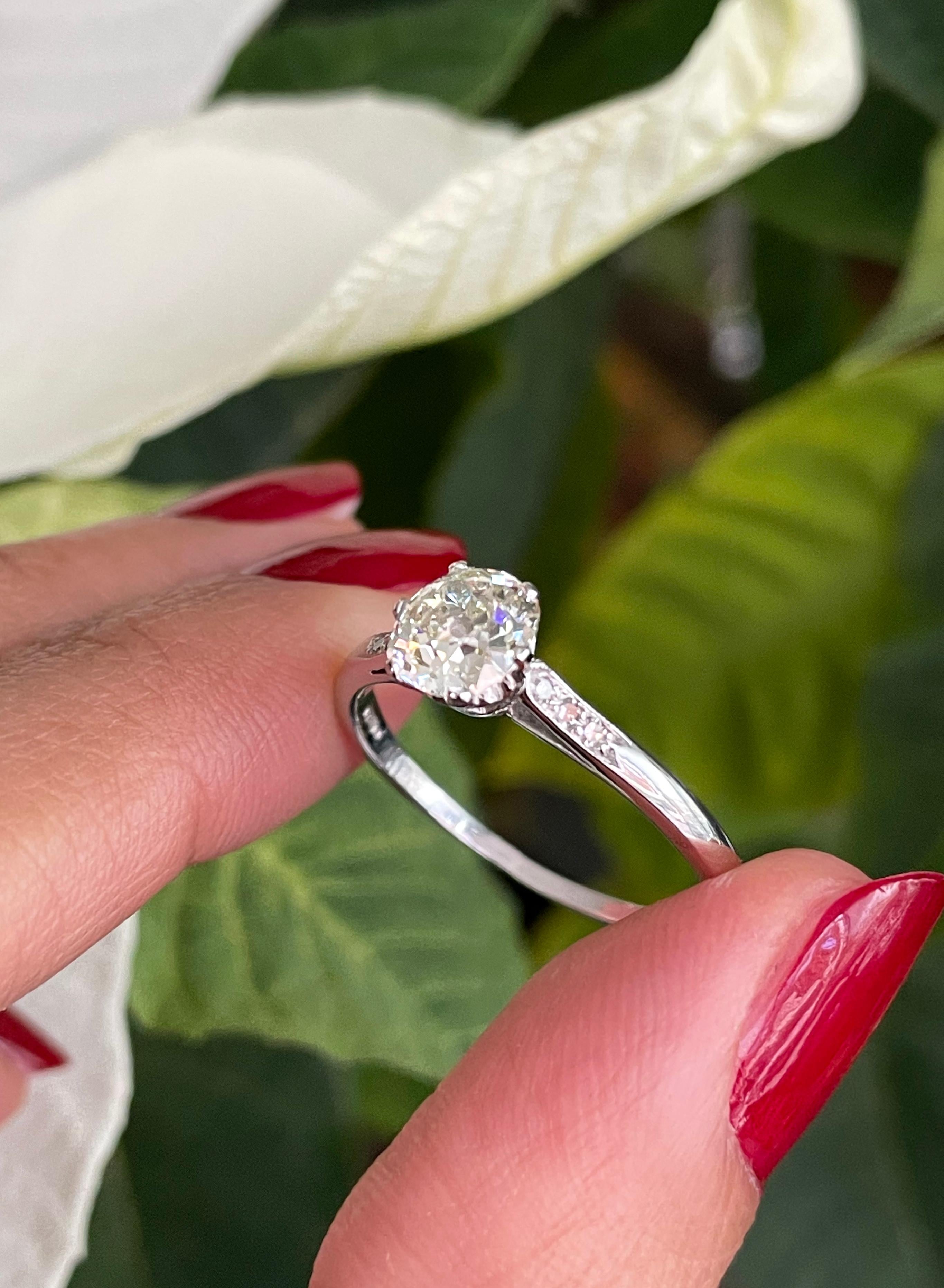Women's 1.07 Carat Old Mine Cut Diamond Platinum Engagement Ring For Sale
