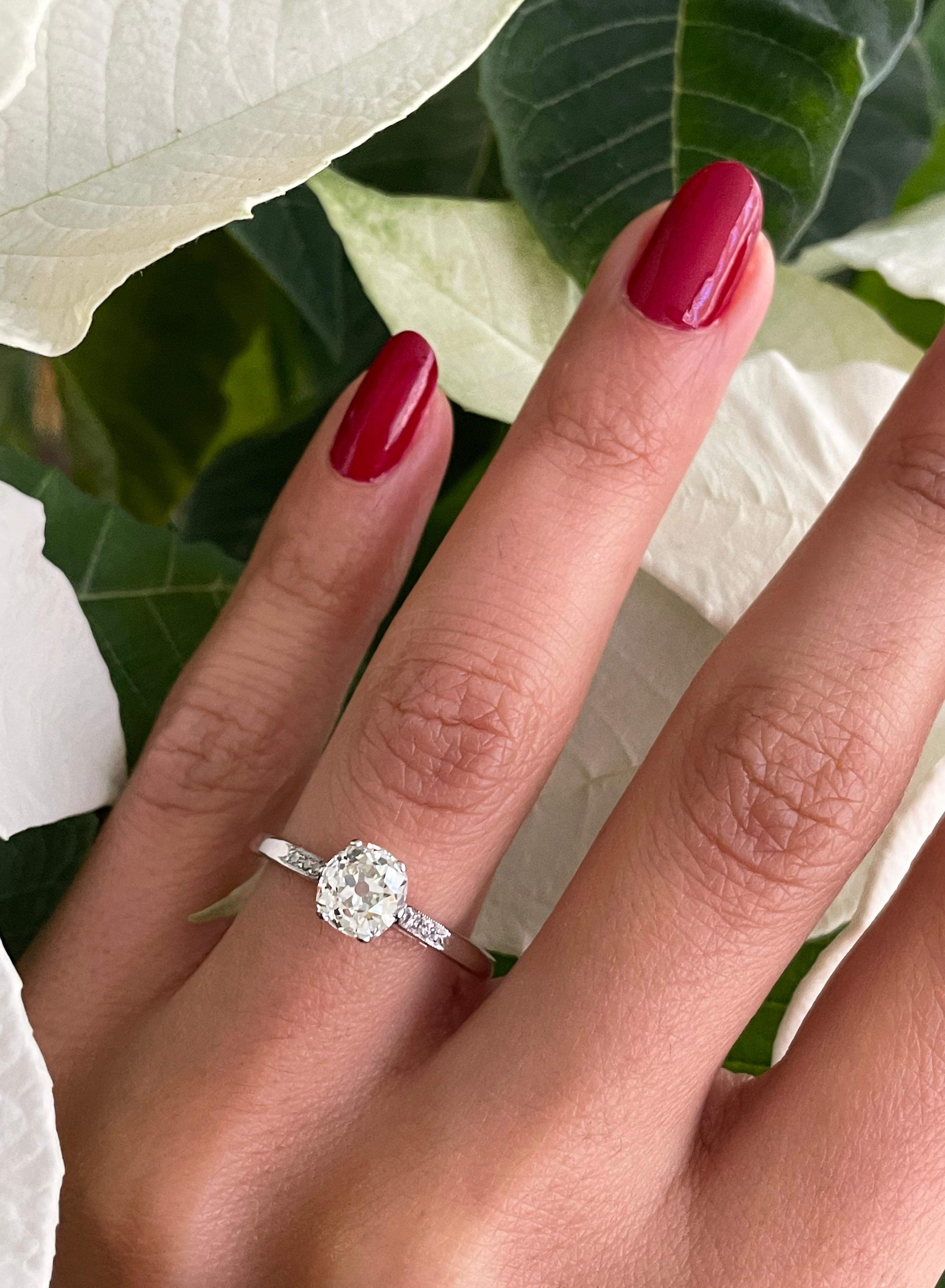 1.07 Carat Old Mine Cut Diamond Platinum Engagement Ring For Sale 1