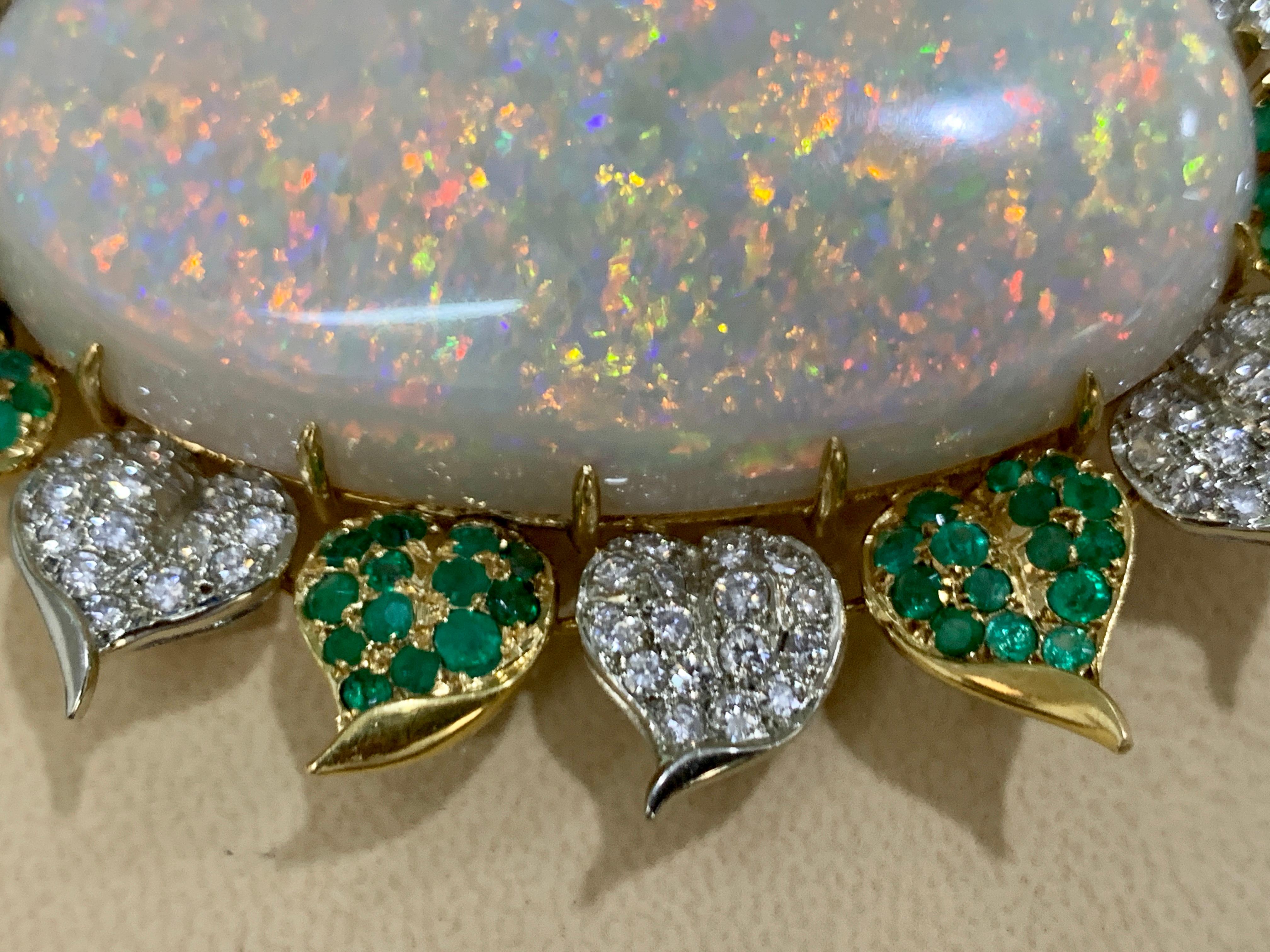 107 Carat Oval Australian Opal, Diamond and Emerald Pendant /Pin/Broach 18K Gold For Sale 6