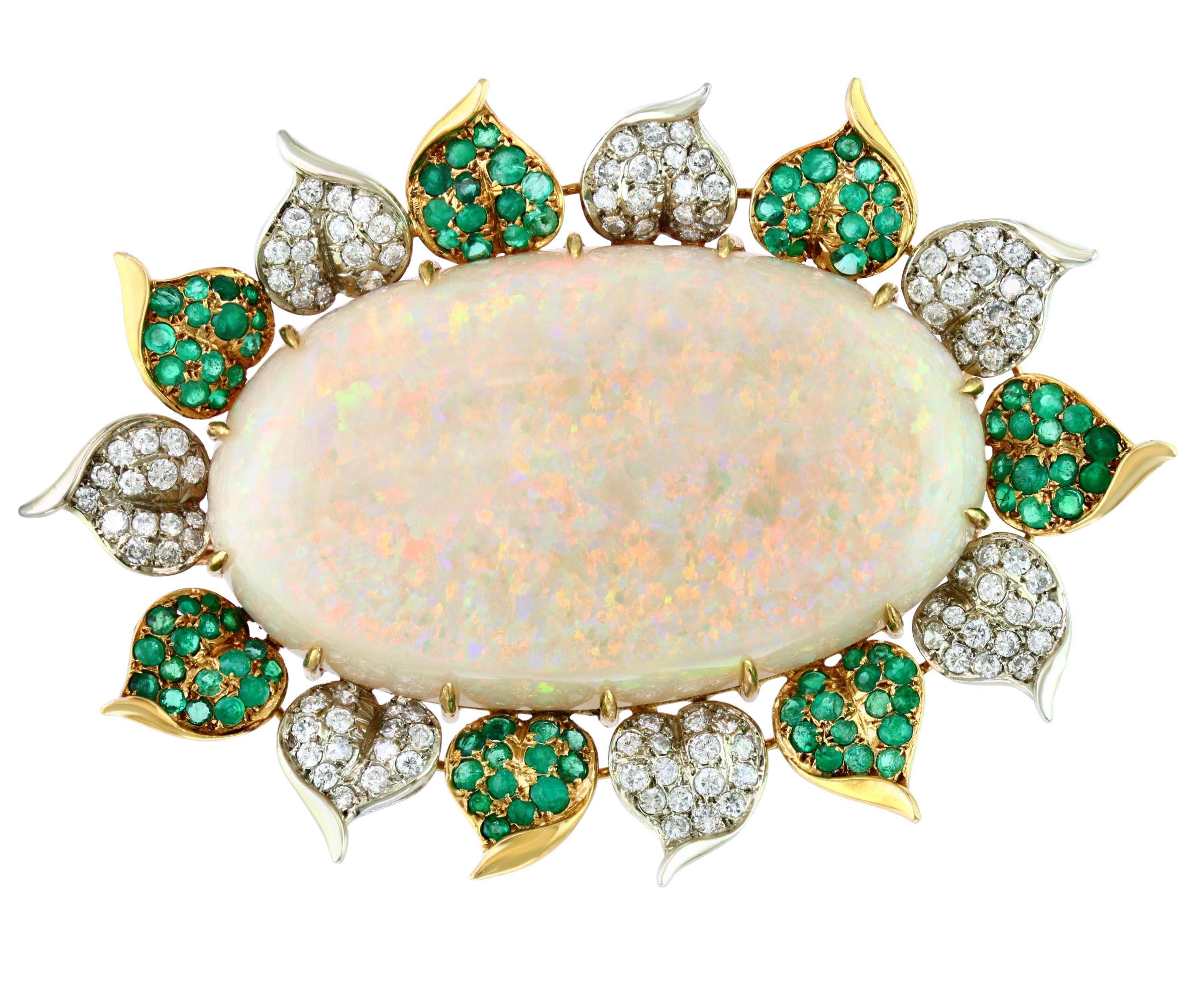 107 Carat Oval Australian Opal, Diamond and Emerald Pendant /Pin/Broach 18K Gold For Sale 7