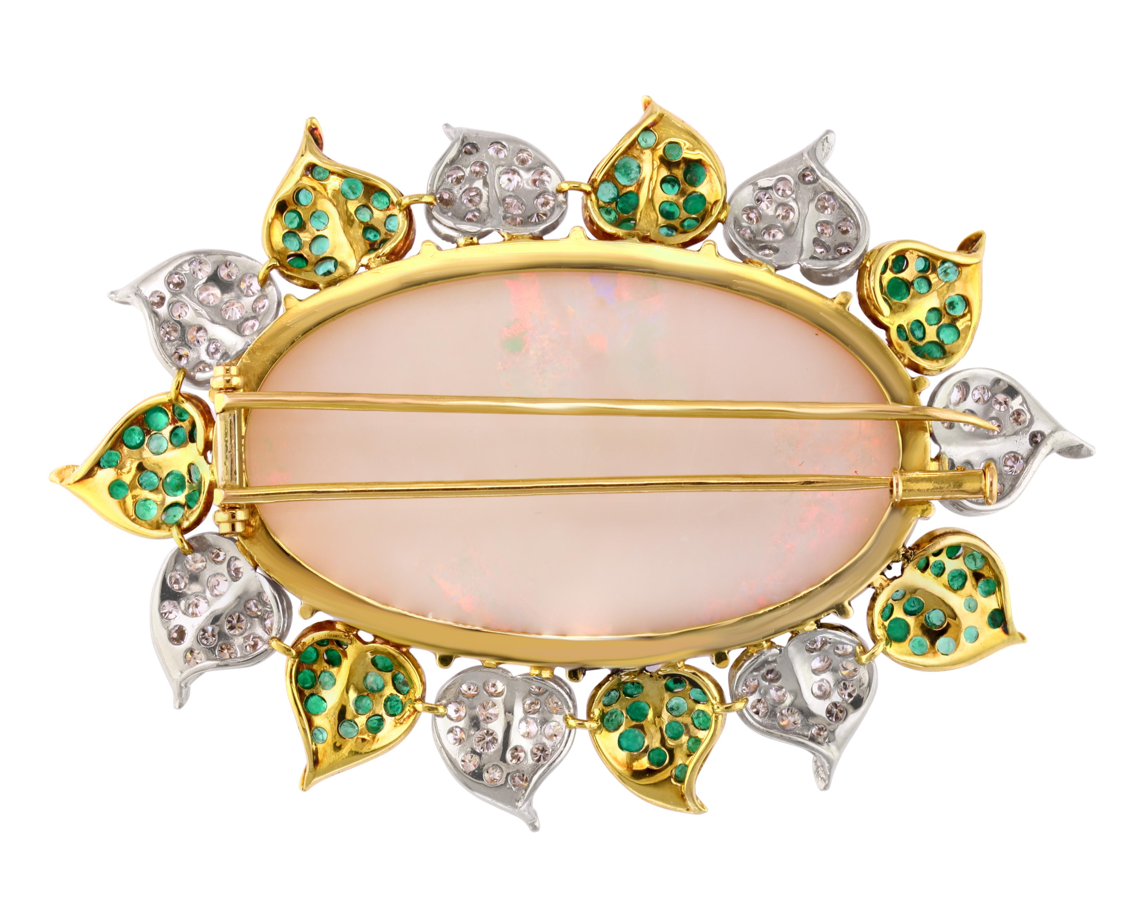 107 Carat Oval Australian Opal, Diamond and Emerald Pendant /Pin/Broach 18K Gold For Sale 8