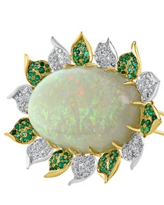 107 Carat Oval Australian Opal, Diamond and Emerald Pendant /Pin/Broach 18K Gold