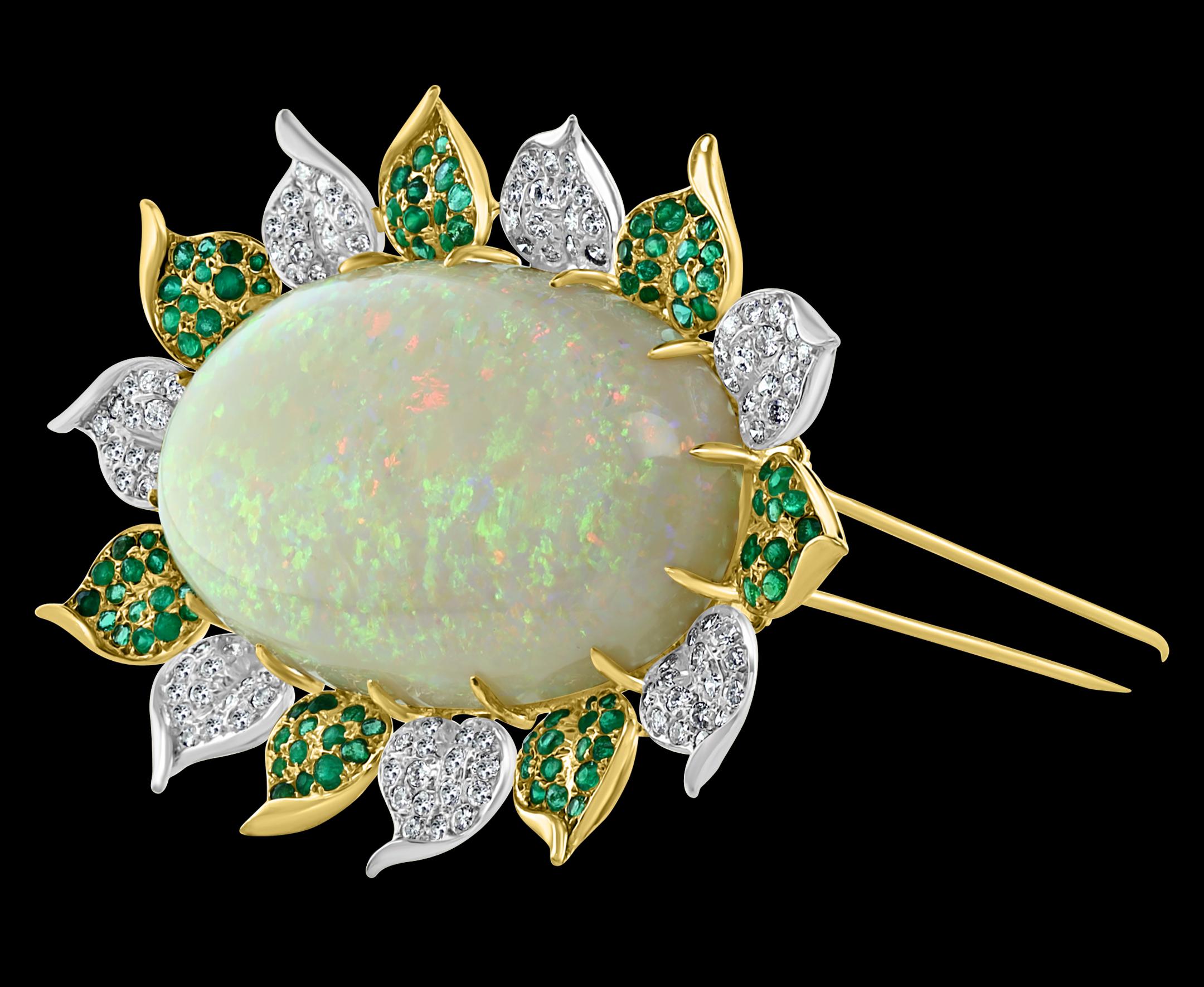107 Carat Oval Australian Opal, Diamond and Emerald Pendant /Pin/Broach 18K Gold In Excellent Condition For Sale In New York, NY