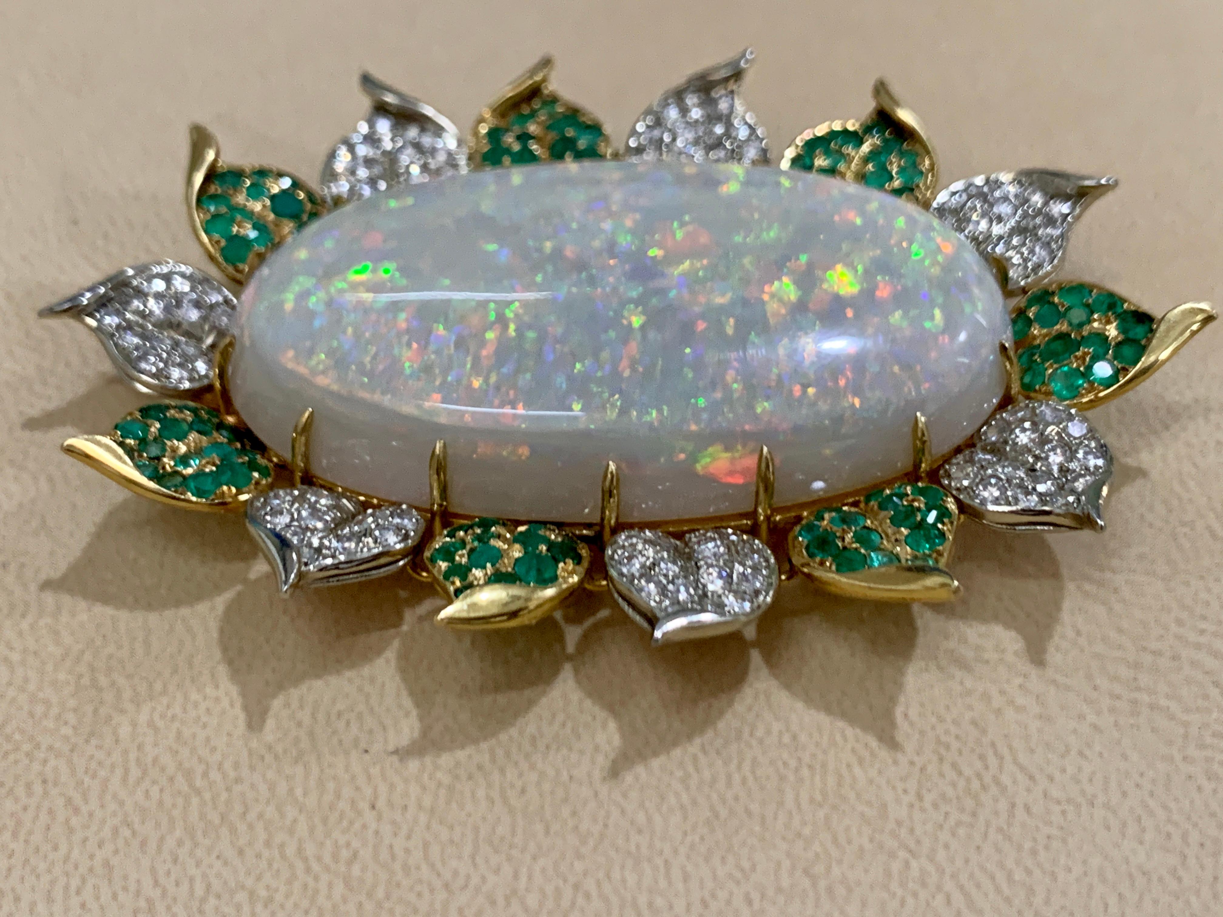 Women's 107 Carat Oval Australian Opal, Diamond and Emerald Pendant /Pin/Broach 18K Gold For Sale