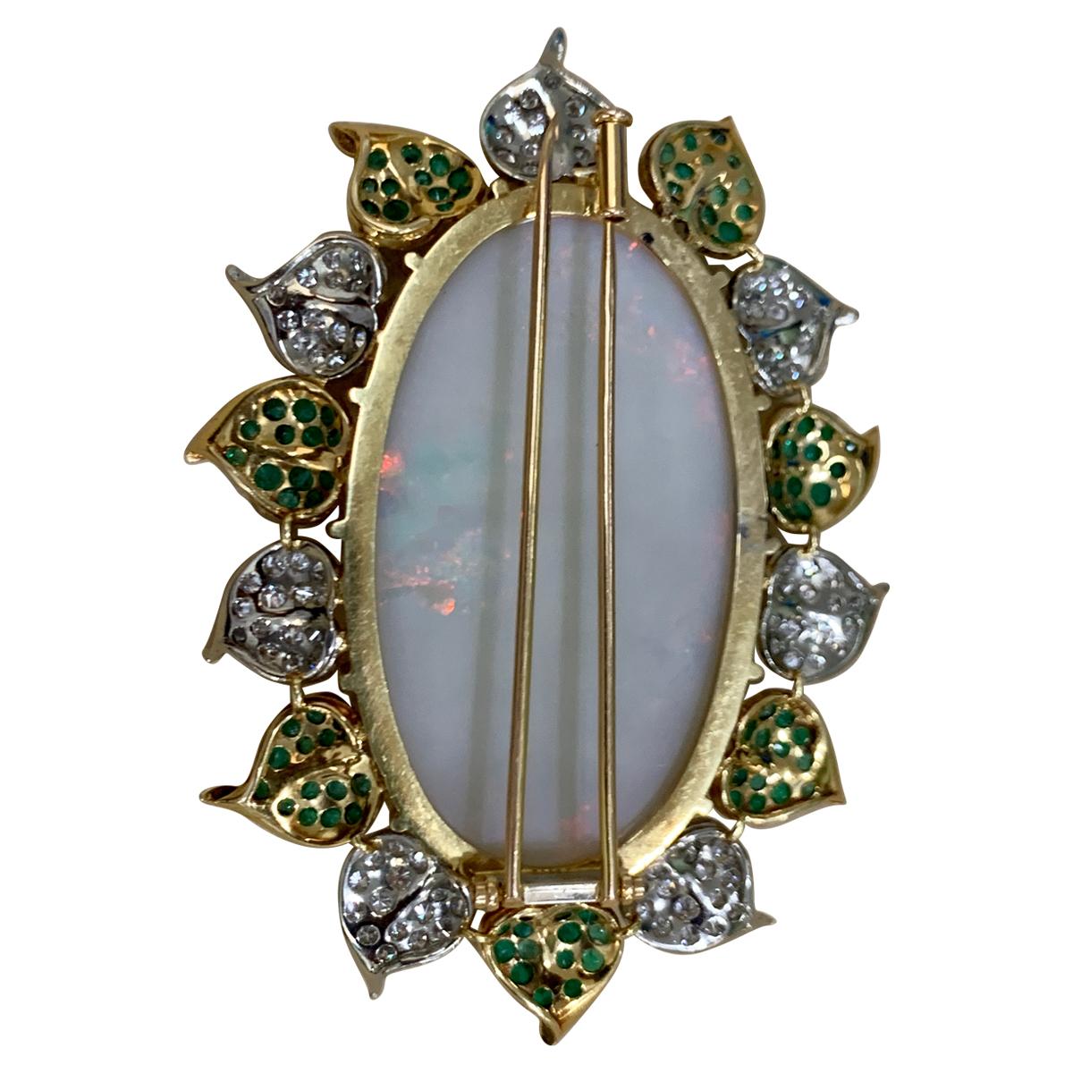 107 Carat Oval Australian Opal, Diamond and Emerald Pendant /Pin/Broach 18K Gold For Sale 1