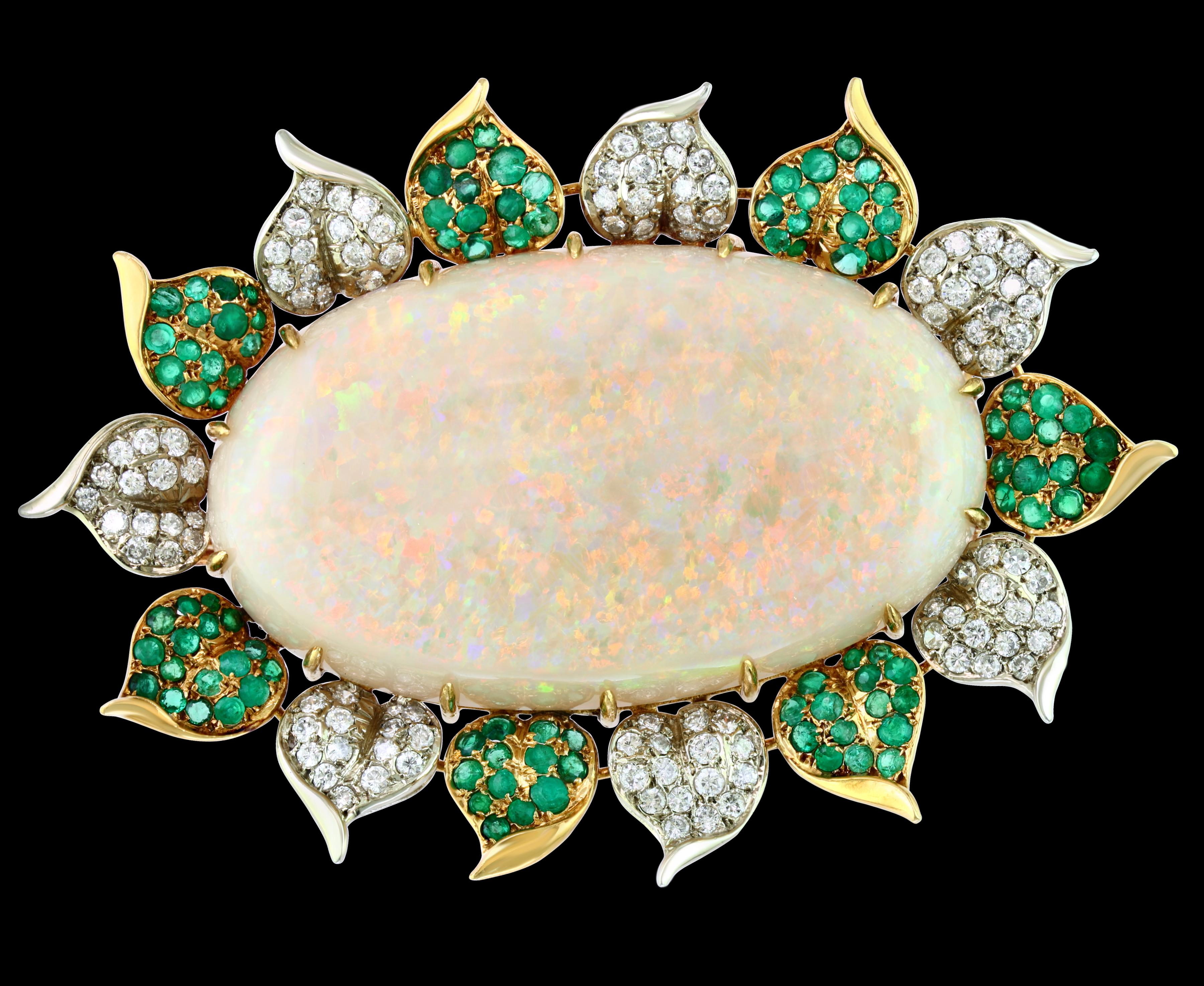 107 Carat Oval Australian Opal, Diamond and Emerald Pendant /Pin/Broach 18K Gold For Sale 2