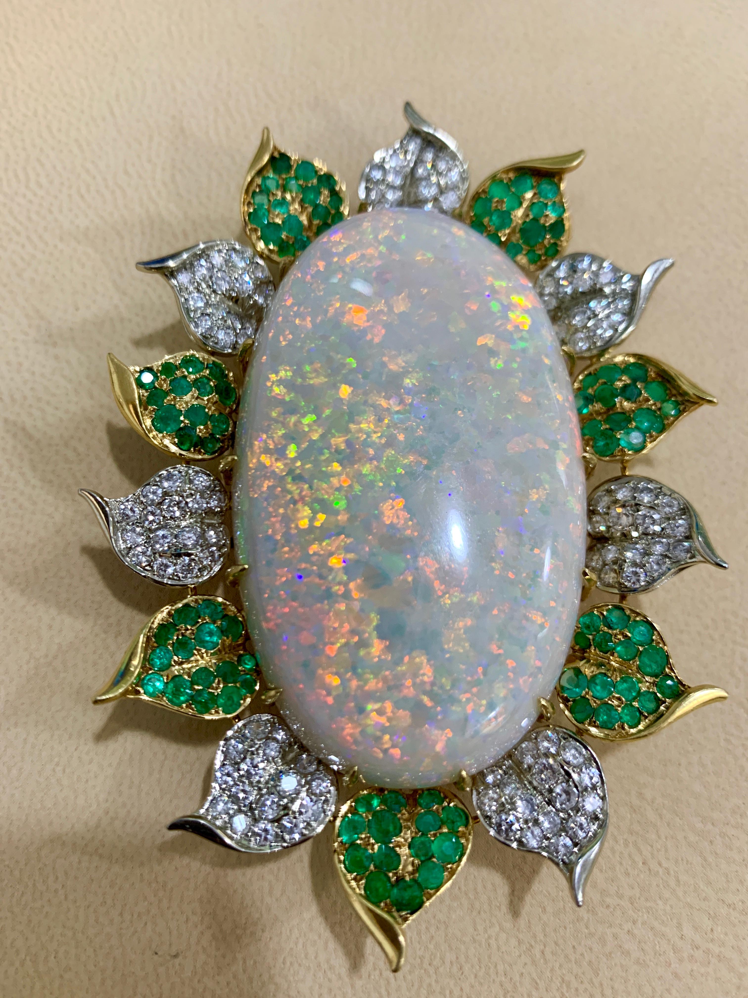 107 Carat Oval Australian Opal, Diamond and Emerald Pendant /Pin/Broach 18K Gold For Sale 3