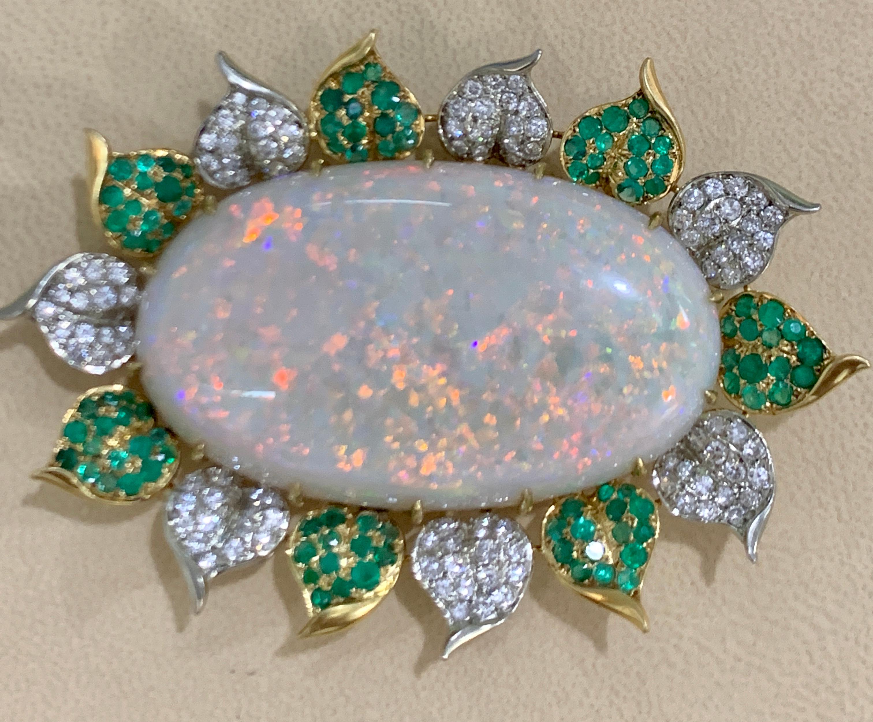 107 Carat Oval Australian Opal, Diamond and Emerald Pendant /Pin/Broach 18K Gold For Sale 4