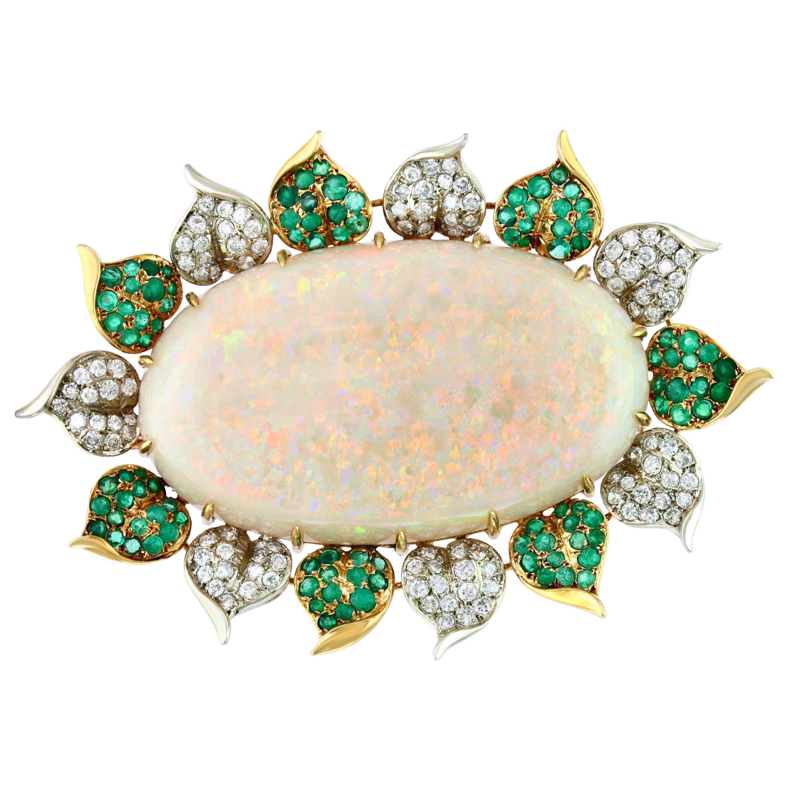 107 Carat Oval Australian Opal, Diamond and Emerald Pendant /Pin/Broach 18K Gold For Sale