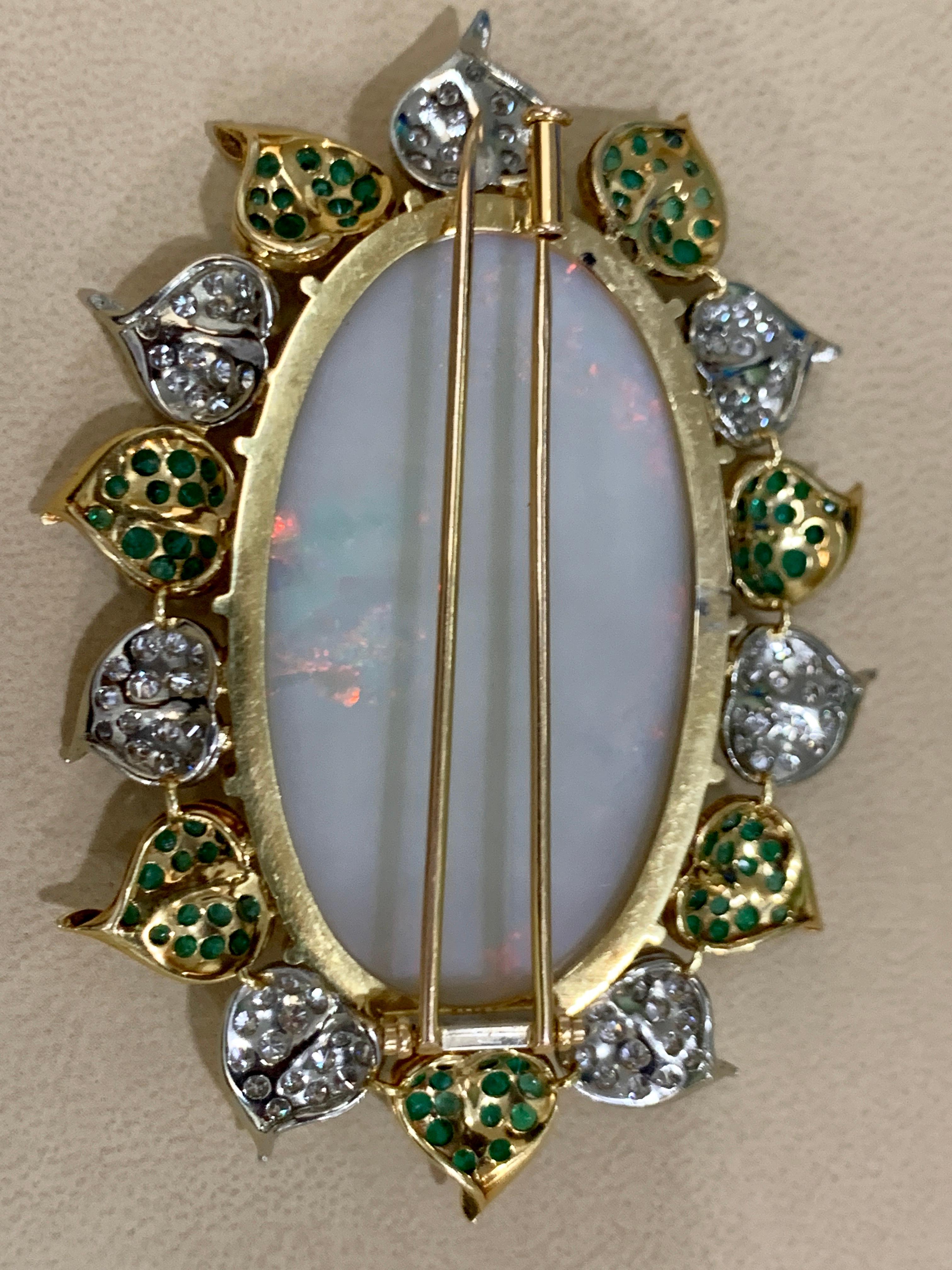 107 Carat Oval Australian Opal, Diamond and Emerald Pendant /Pin/Broach 18K Gold 3