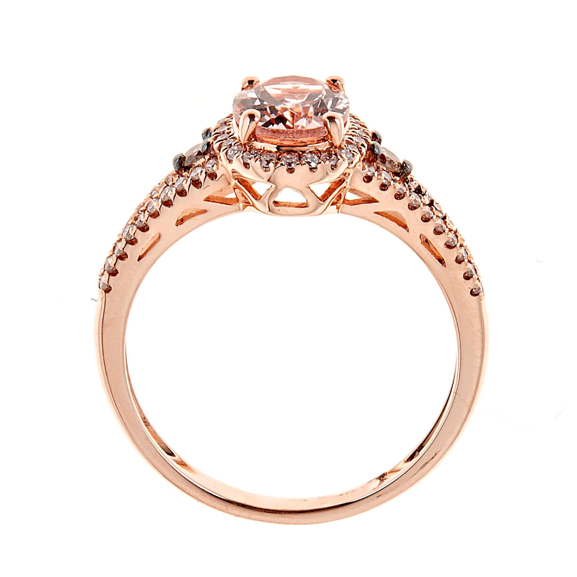 Art déco Bague en or rose 14 carats avec diamants et morganite de taille ovale de 1,07 carat en vente