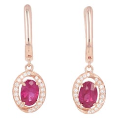 1.07 Carat Oval Cut Ruby 
Diamond Earrings, 14k Rose Gold Pierced Halo Dangles