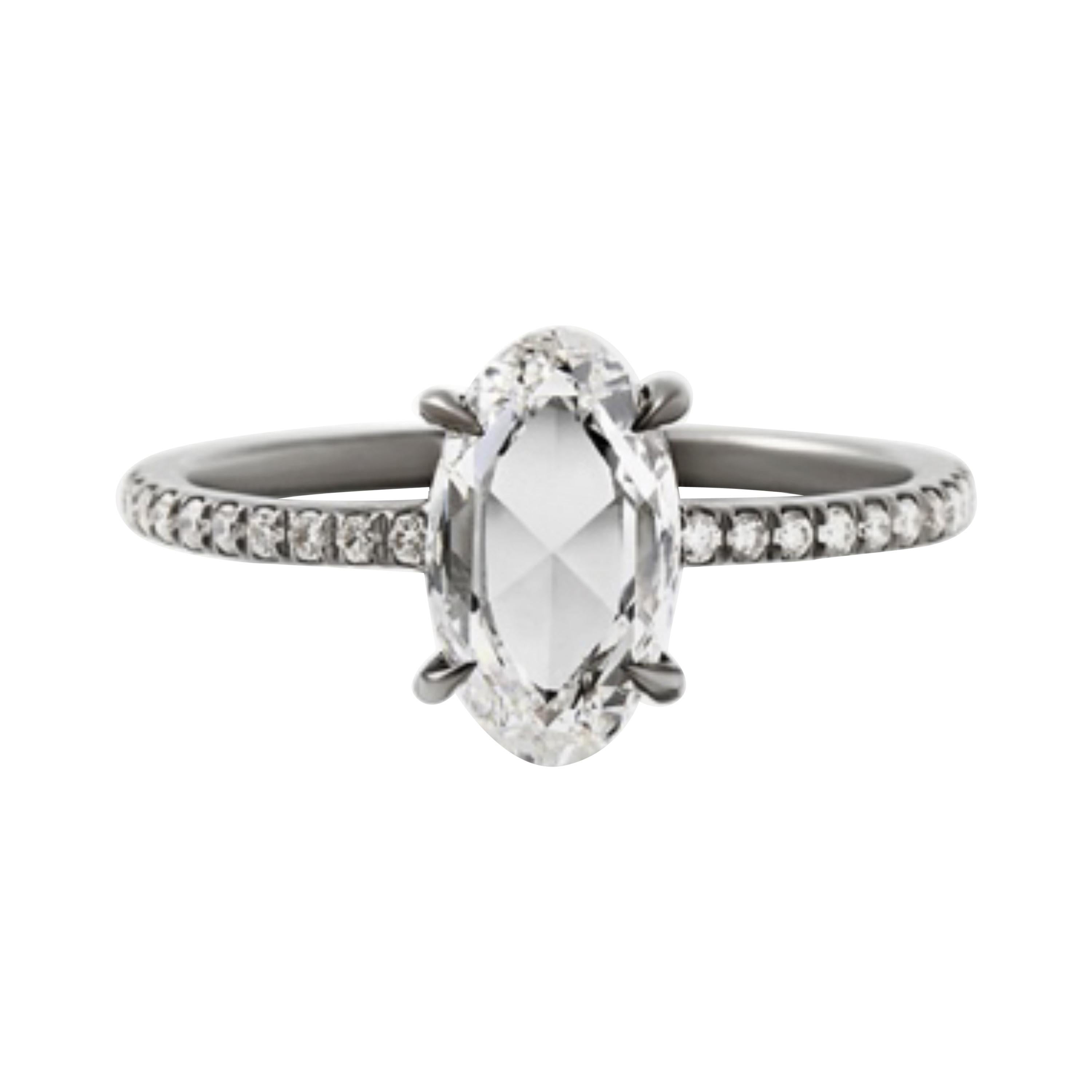 Eva Fehren 1.07 Carat Oval Rosecut Diamond Ring in 18 Karat Blackened White Gold For Sale