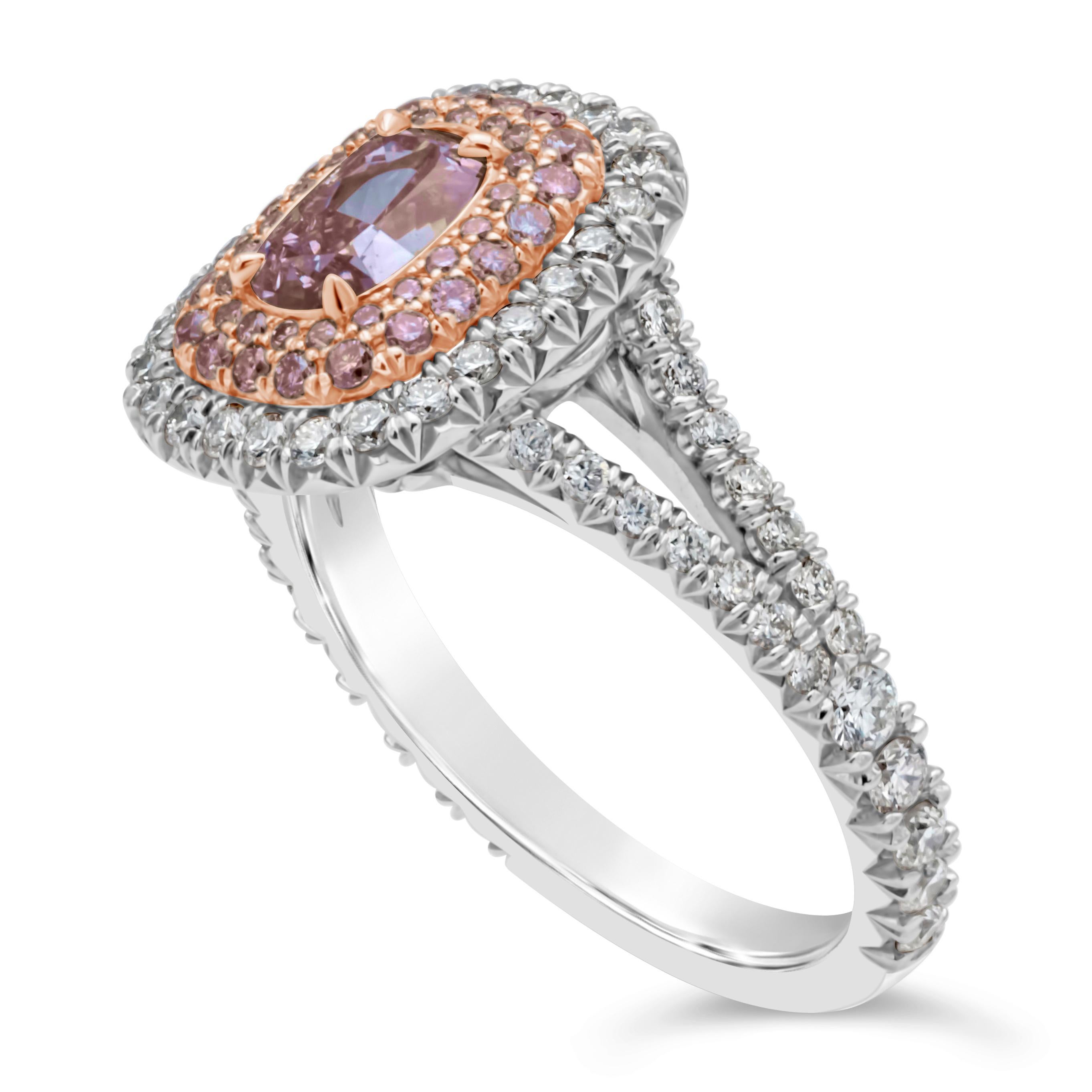 Contemporary 1.07 Carat Oval Shape Fancy Purplish Pink Diamond Triple Halo Engagement Ring For Sale