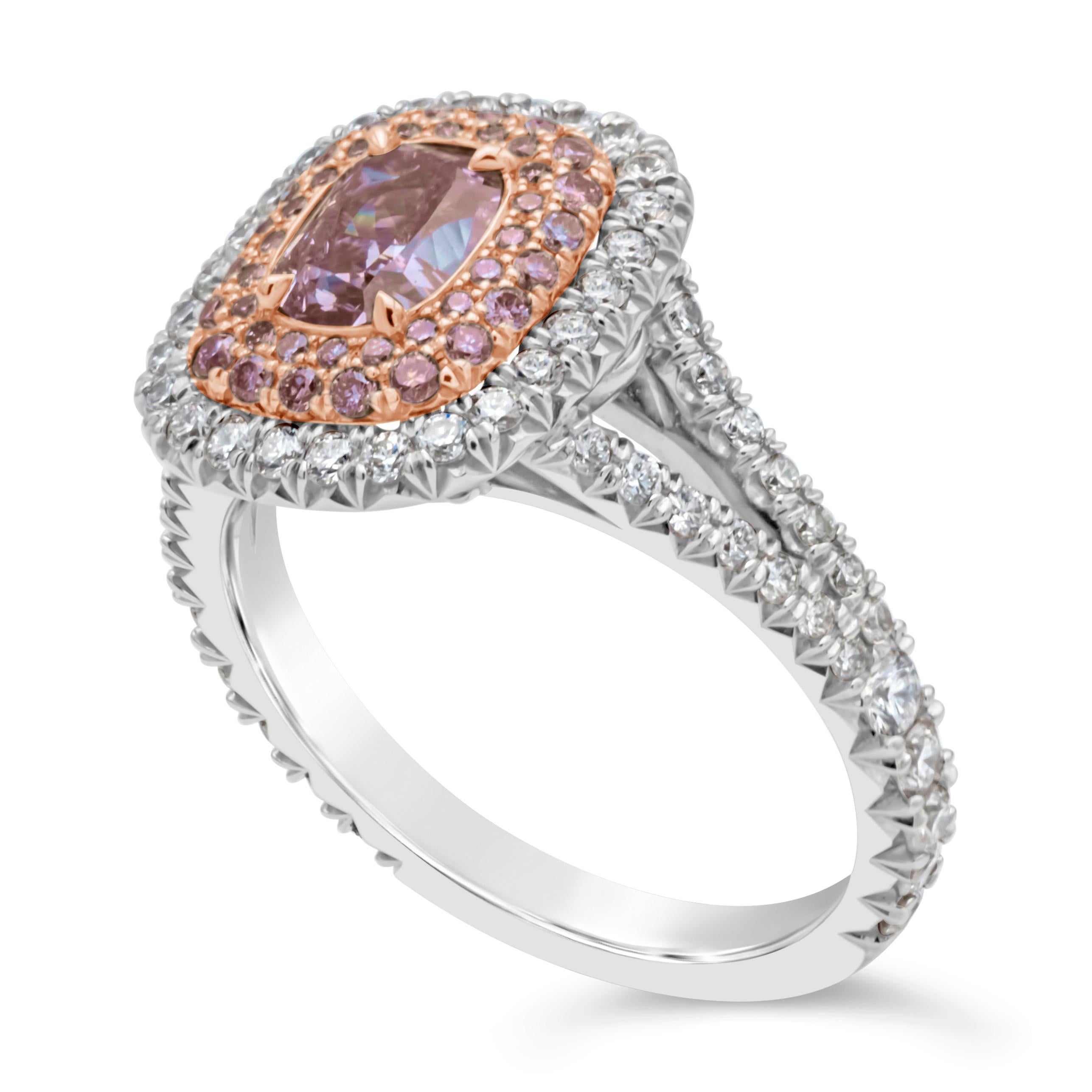 Oval Cut 1.07 Carat Oval Shape Fancy Purplish Pink Diamond Triple Halo Engagement Ring For Sale