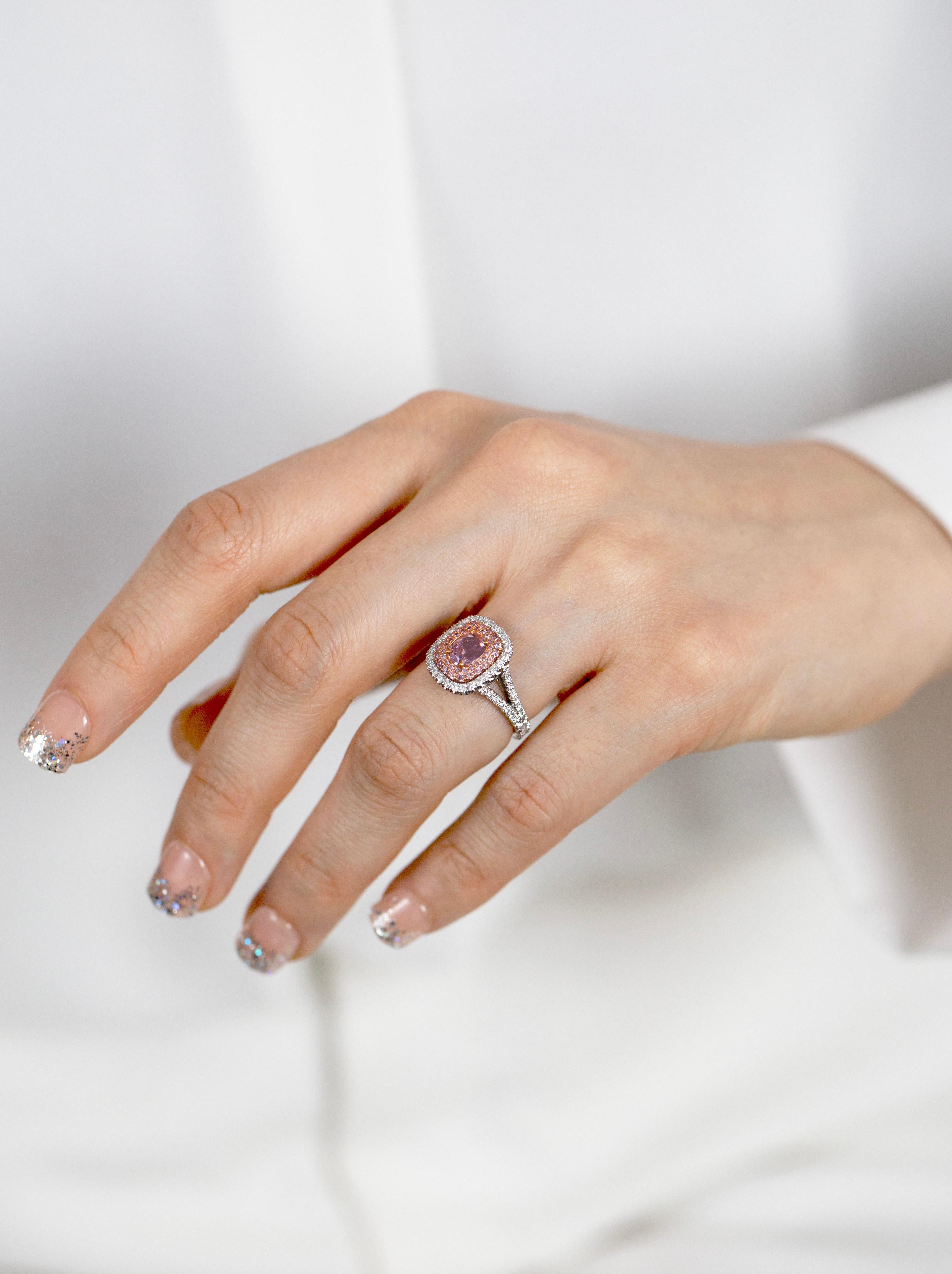 1.07 Carat Oval Shape Fancy Purplish Pink Diamond Triple Halo Engagement Ring For Sale 1