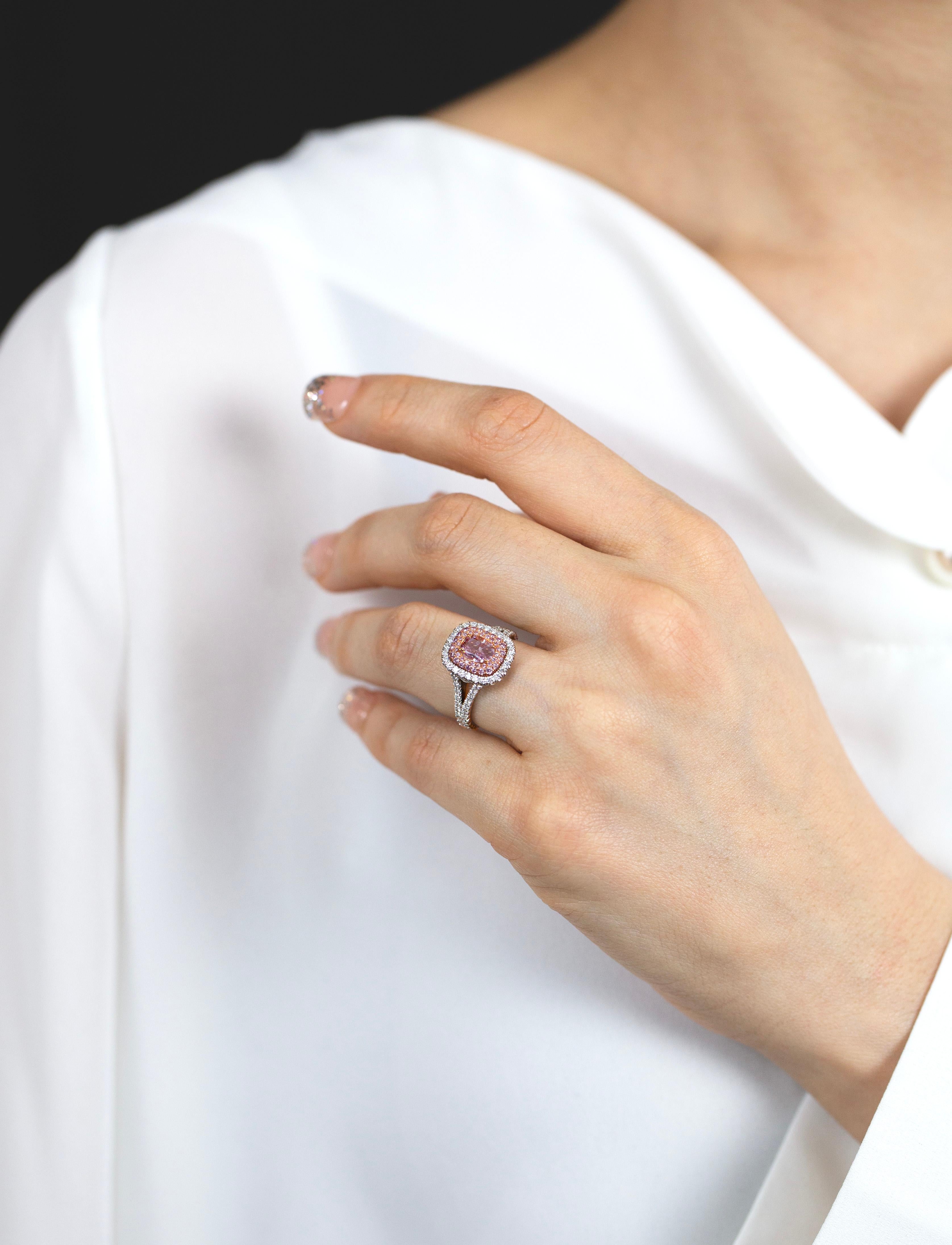 1.07 Carat Oval Shape Fancy Purplish Pink Diamond Triple Halo Engagement Ring For Sale 2