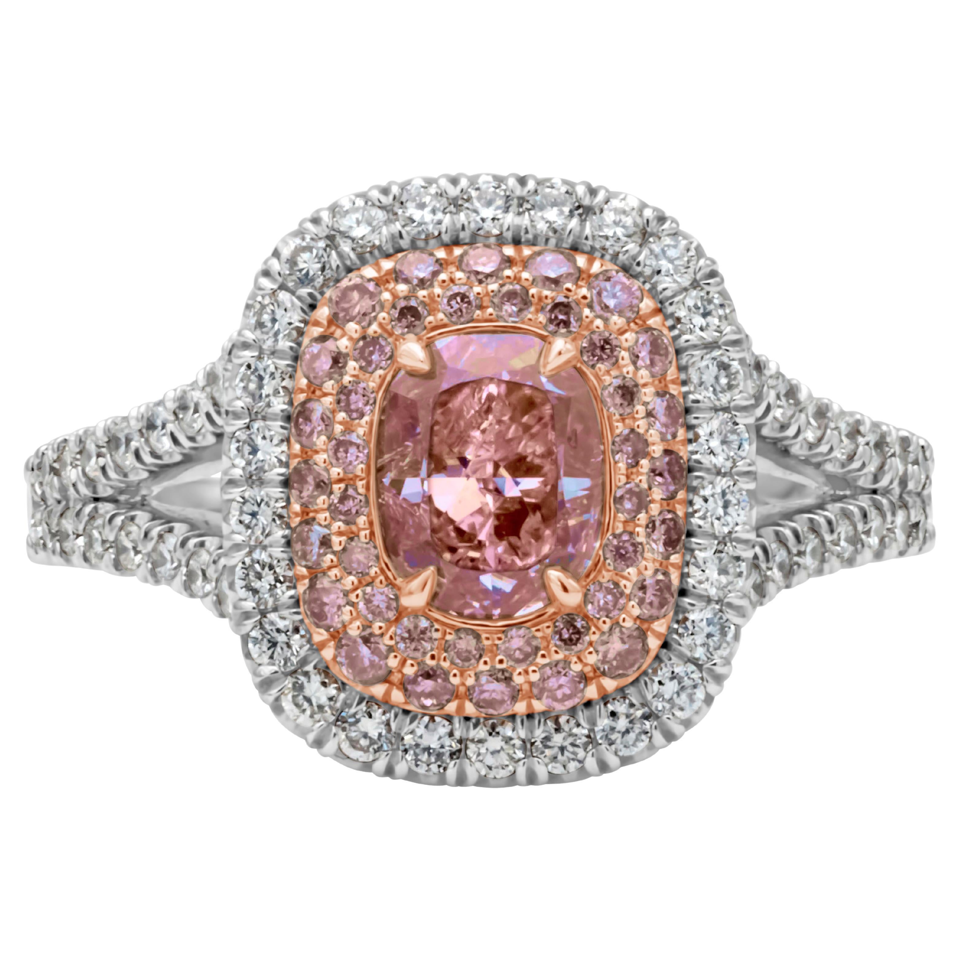 1.07 Carat Oval Shape Fancy Purplish Pink Diamond Triple Halo Engagement Ring For Sale
