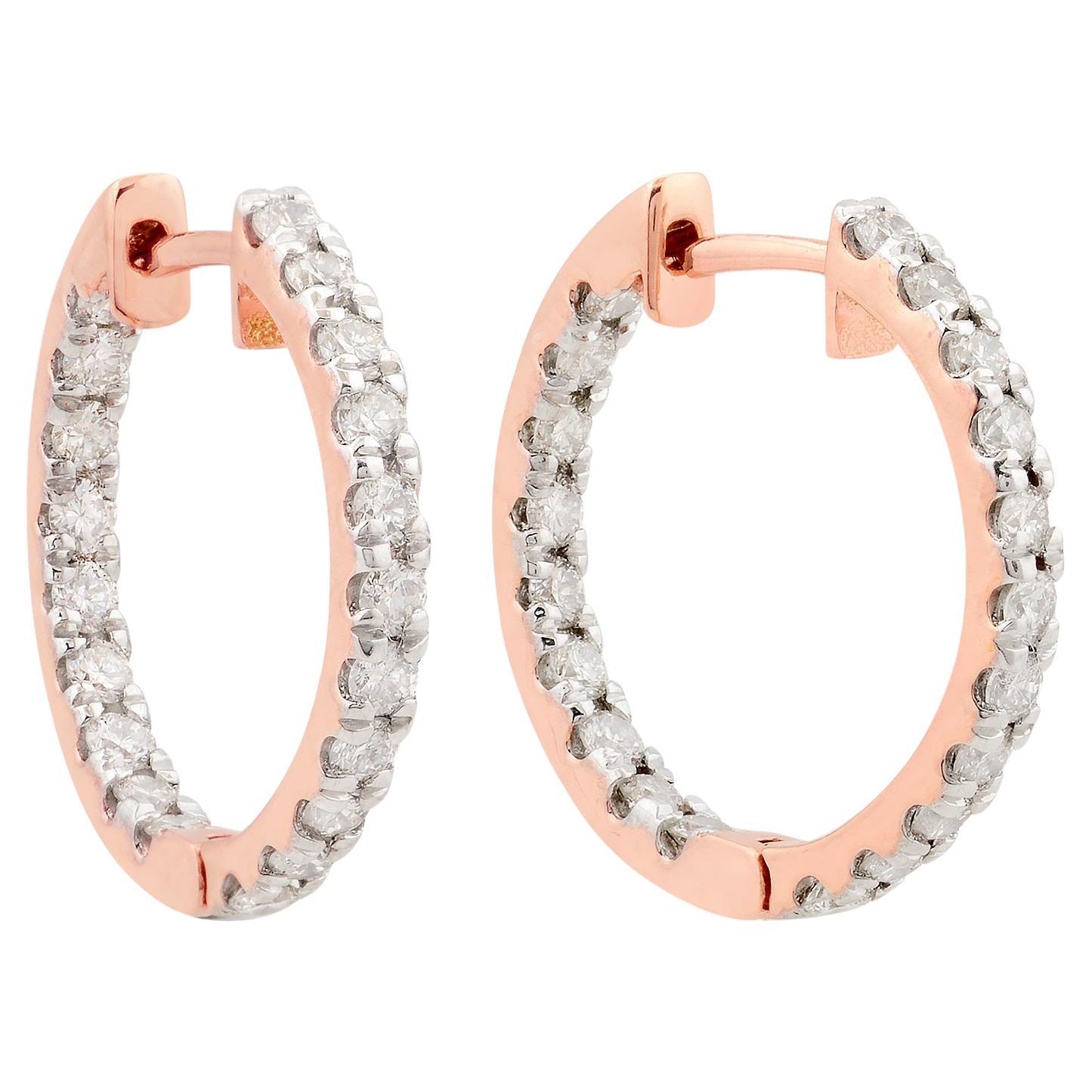 Natural Diamond 1.07Ct Inside Out 18mm Hoop Earrings 10K Solid Rose Gold For Sale