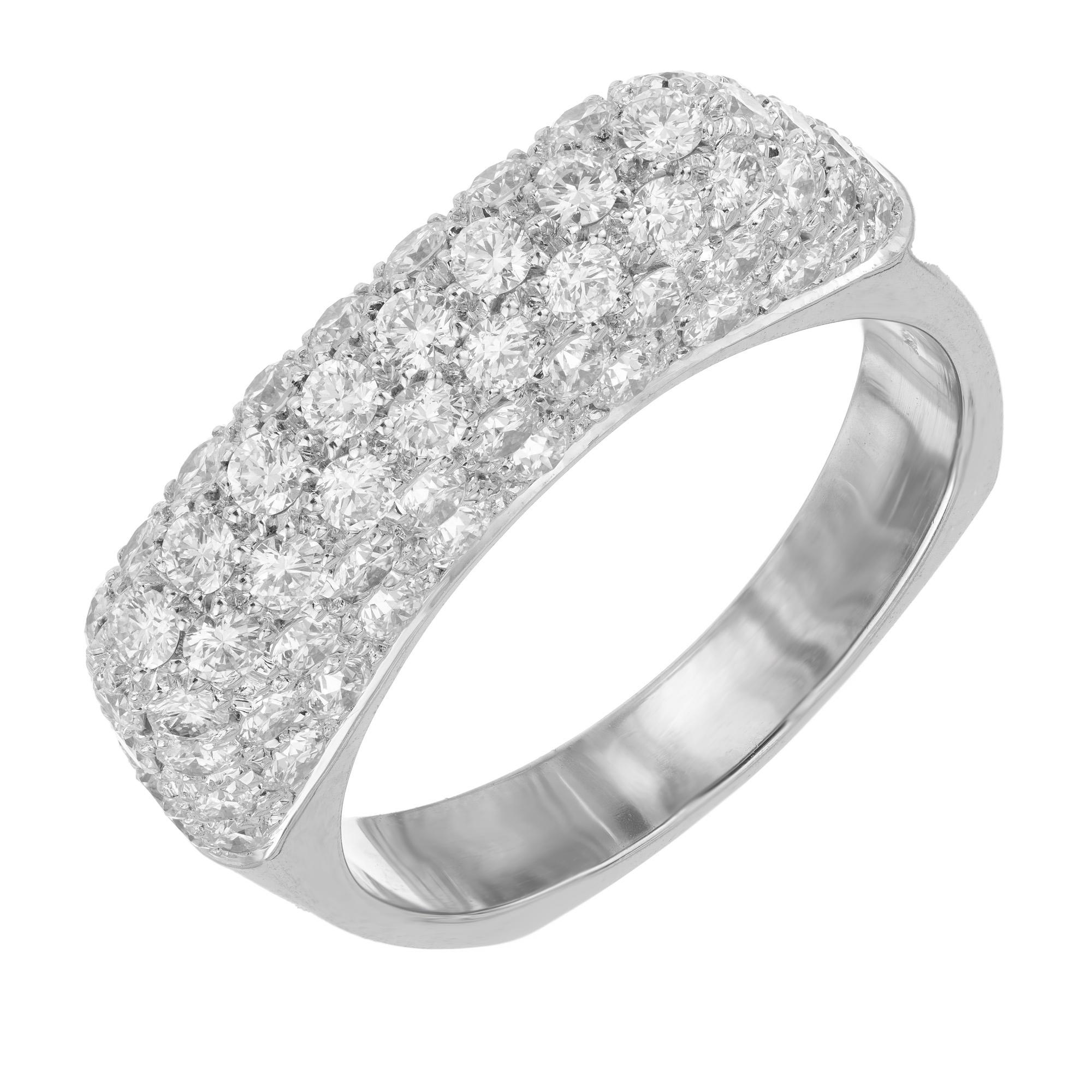 Contemporary handmade pave 1.07 carat diamond domed ring in 14k white gold. The ring features a unique high-slim profile towards the top with 70 full cut white diamonds that catch the light so effortlessly. This ring is extremely durable with a