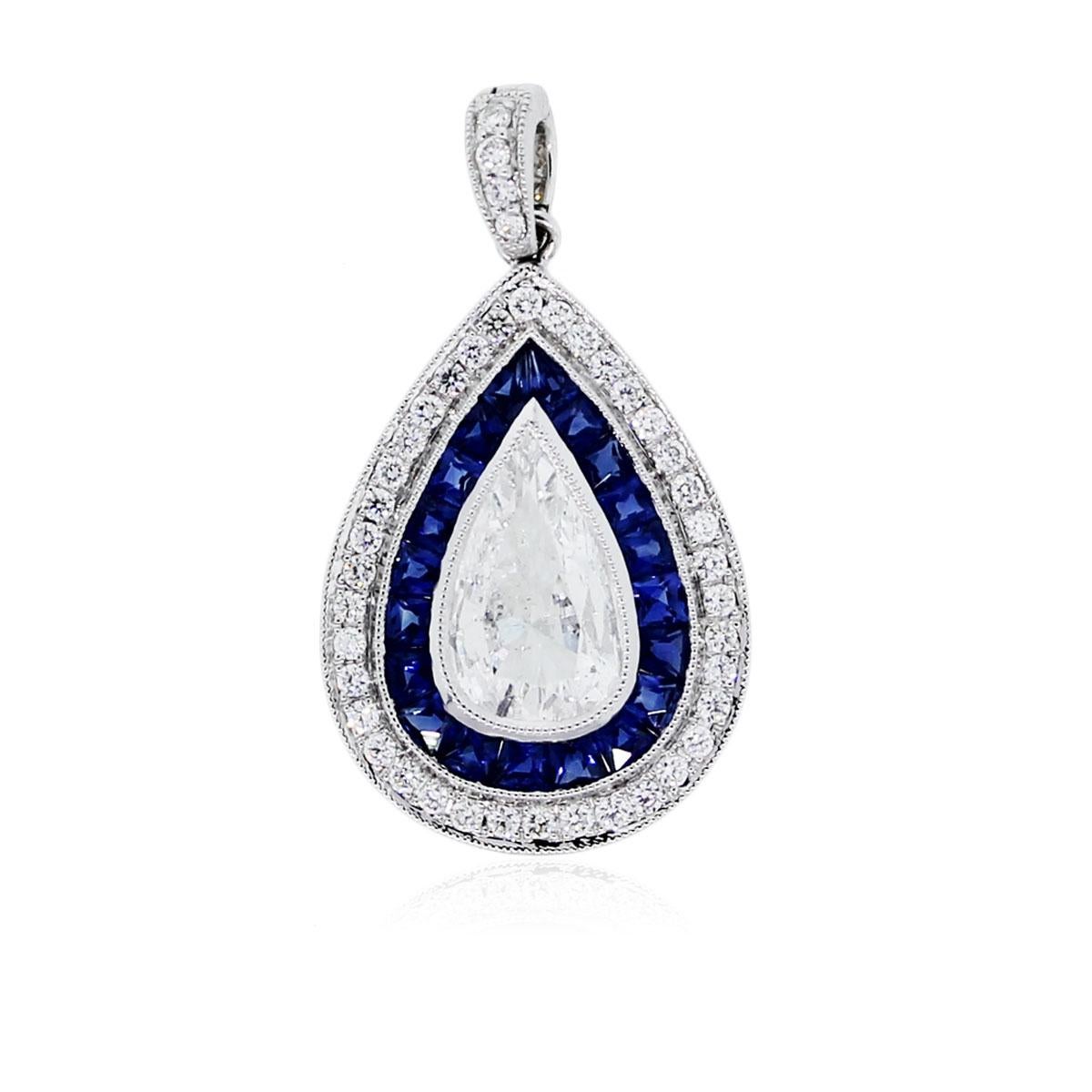 Modern 1.07 Carat Pear Shaped Sapphire Diamond Pendant in Platinum For Sale
