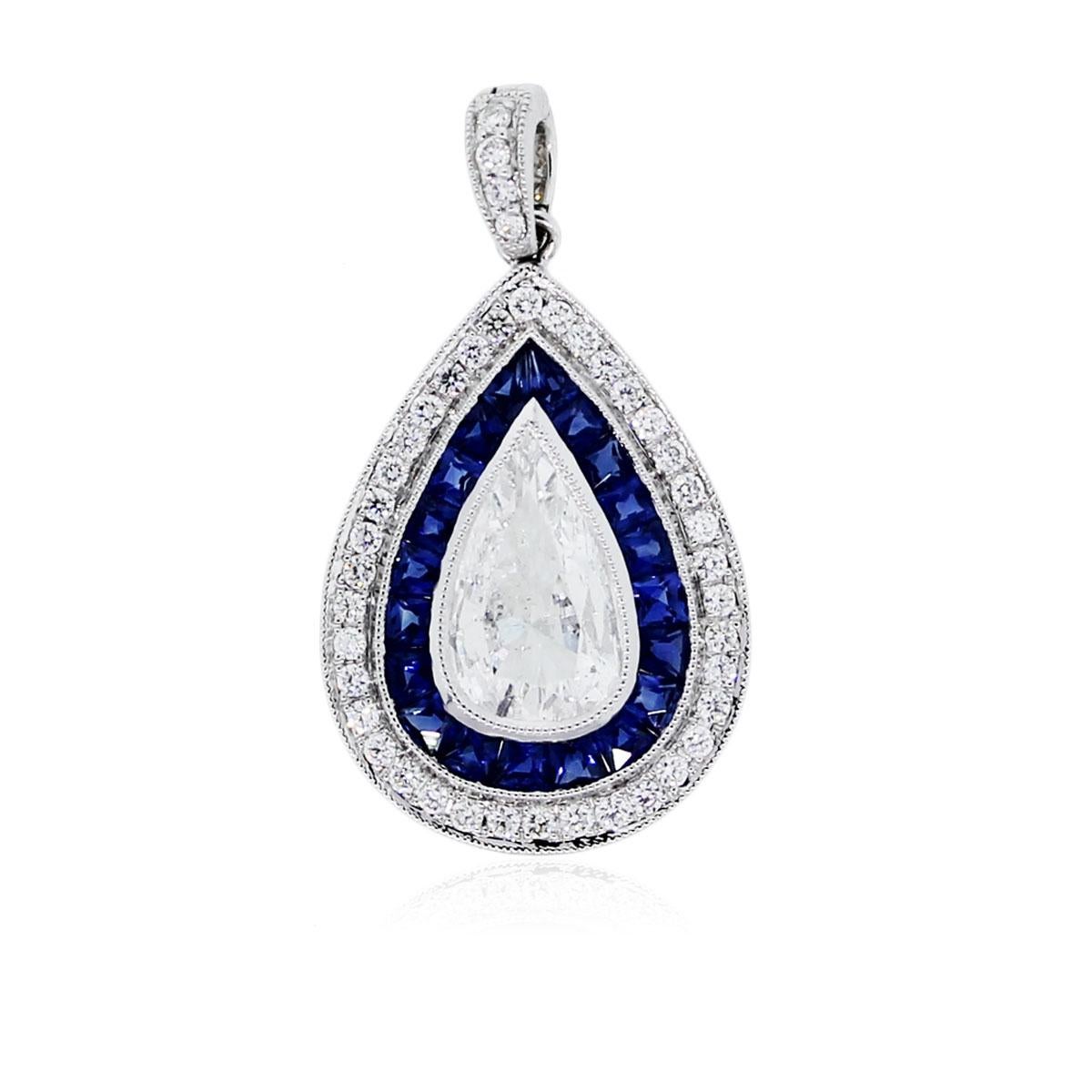 Modern Natural Sapphire & Diamond Halo Pendant Platinum In Stock For Sale