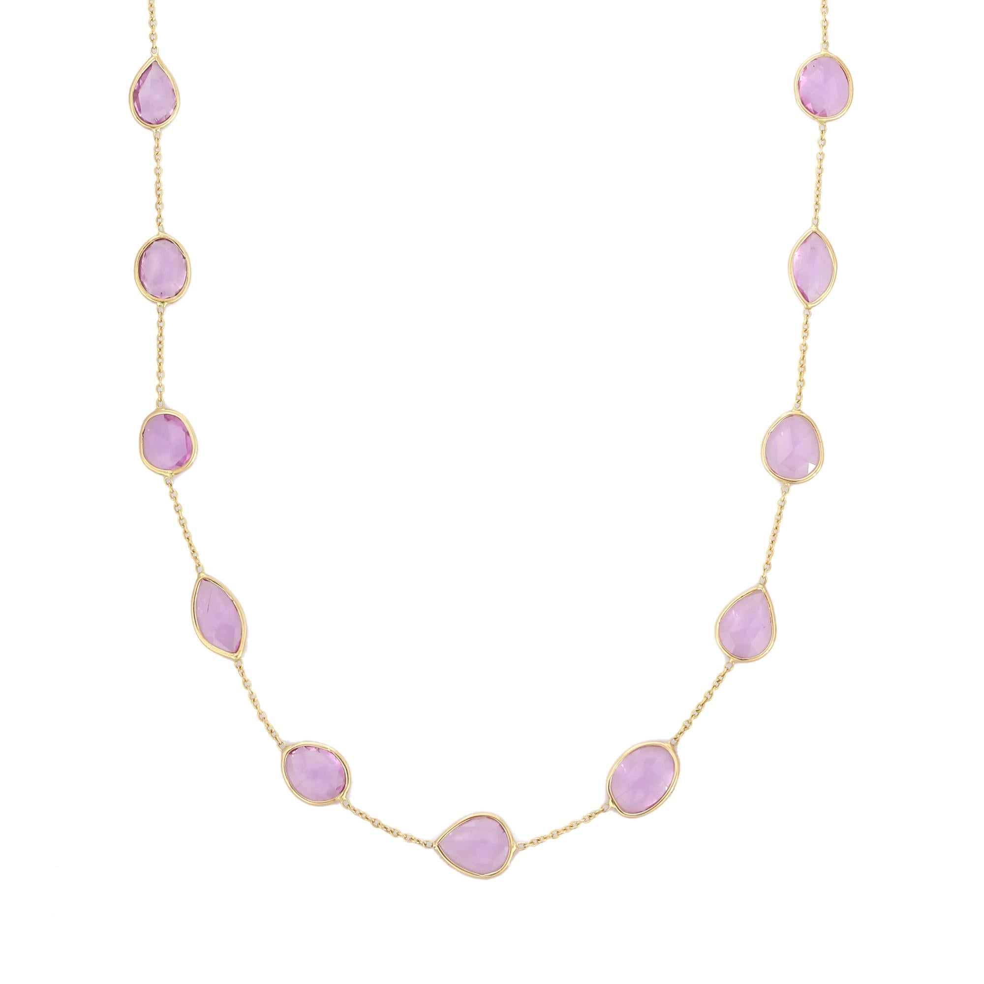 Pink Sapphire Necklace in 18K Gold studded with mix cut sapphire pieces.
Accessorize your look with this elegant pink sapphire chain necklace. This stunning piece of jewelry instantly elevates a casual look or dressy outfit. Comfortable and easy to