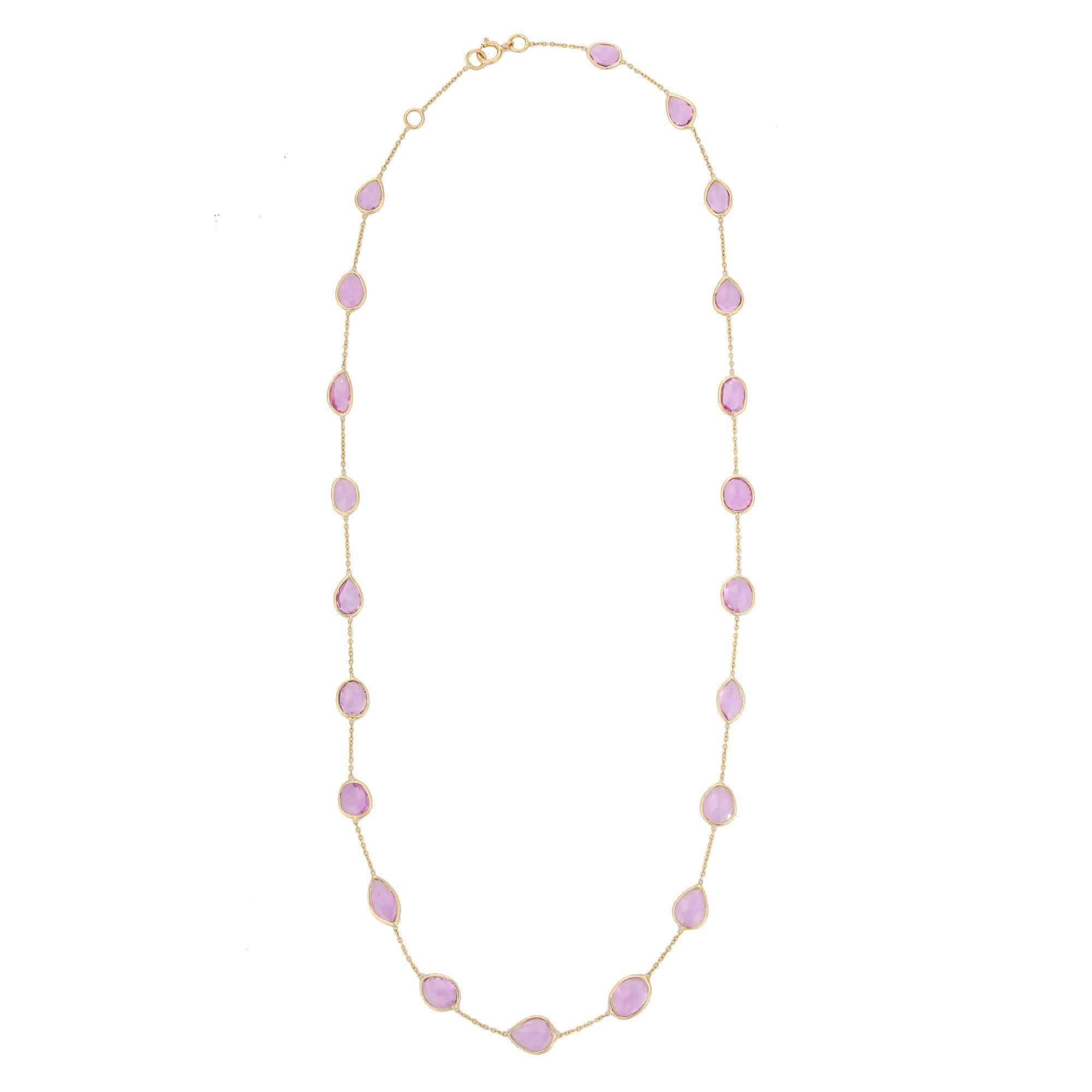 Mixed Cut 10.7 Carat Pink Sapphire Chain Necklace in 18K Yellow Gold For Sale