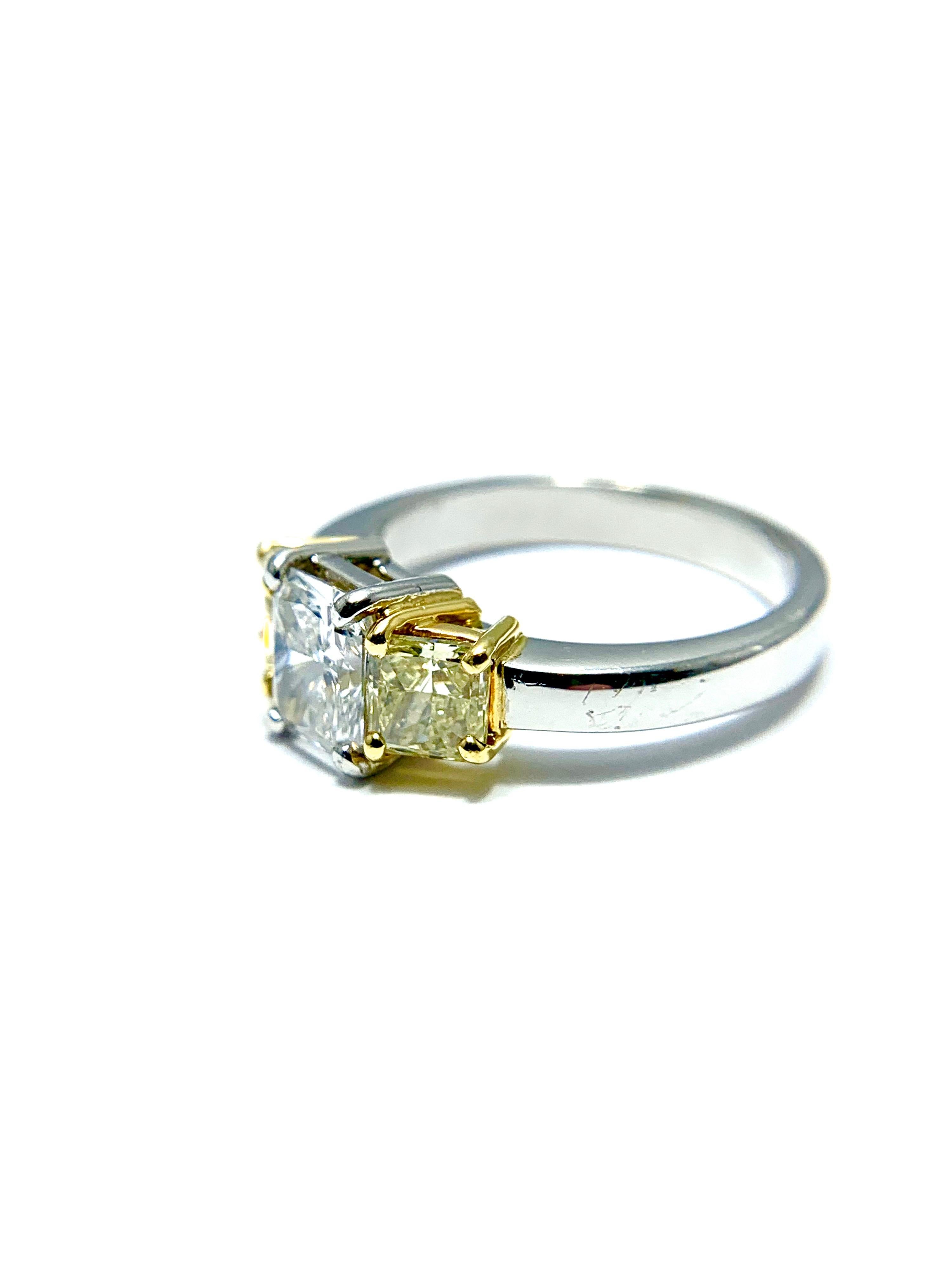 Modern 1.07 Carat Radiant Diamond with Radiant Fancy Yellow Diamonds Set in Platinum For Sale