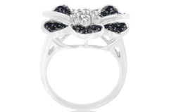 1.07 Ct Round Black Diamond 0.18 Ct Diamond Flower Cocktail Ring 14K White Gold