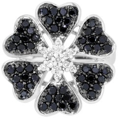 1.07 Ct Round Black Diamond 0.18 Ct Diamond Flower Cocktail Ring 14K White Gold