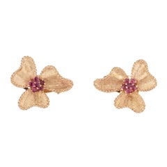 1.07 Carat Round Ruby Hand Textured Gold Bow Clip Post Earrings