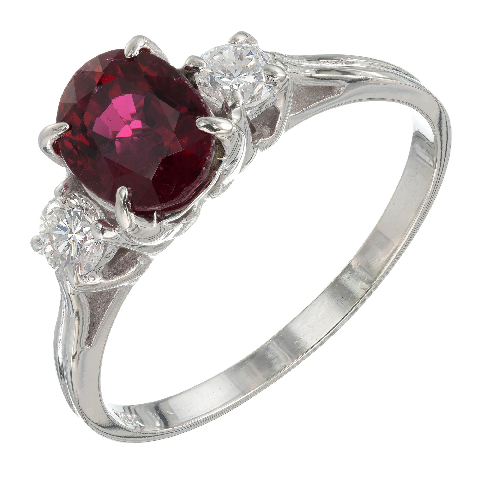 1.07 Carat Ruby Diamond White Gold Three-Stone Engagement Ring For Sale