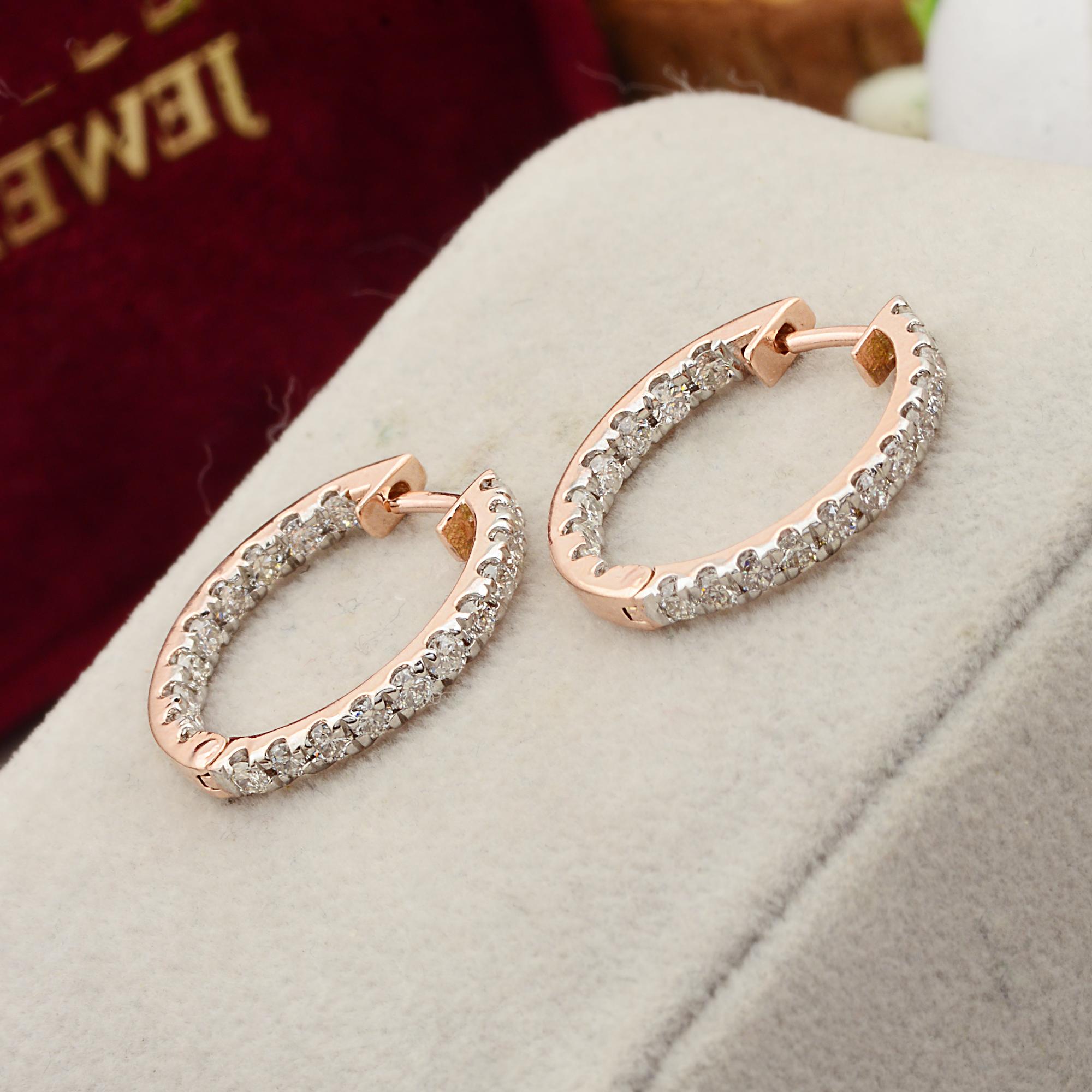 Modern 1.07 Carat SI Clarity HI Color Diamond Pave Hoop Earrings 10k Rose Gold Jewelry For Sale
