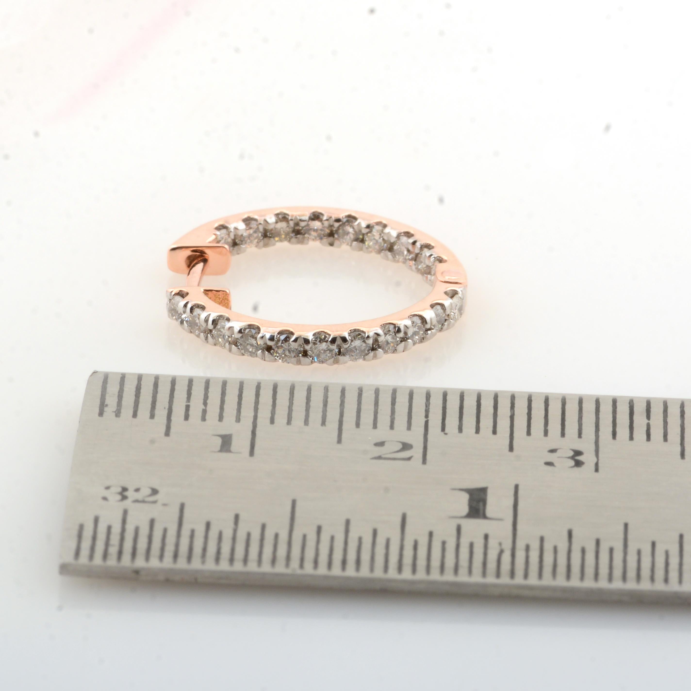 Round Cut 1.07 Carat SI Clarity HI Color Diamond Pave Hoop Earrings 10k Rose Gold Jewelry For Sale