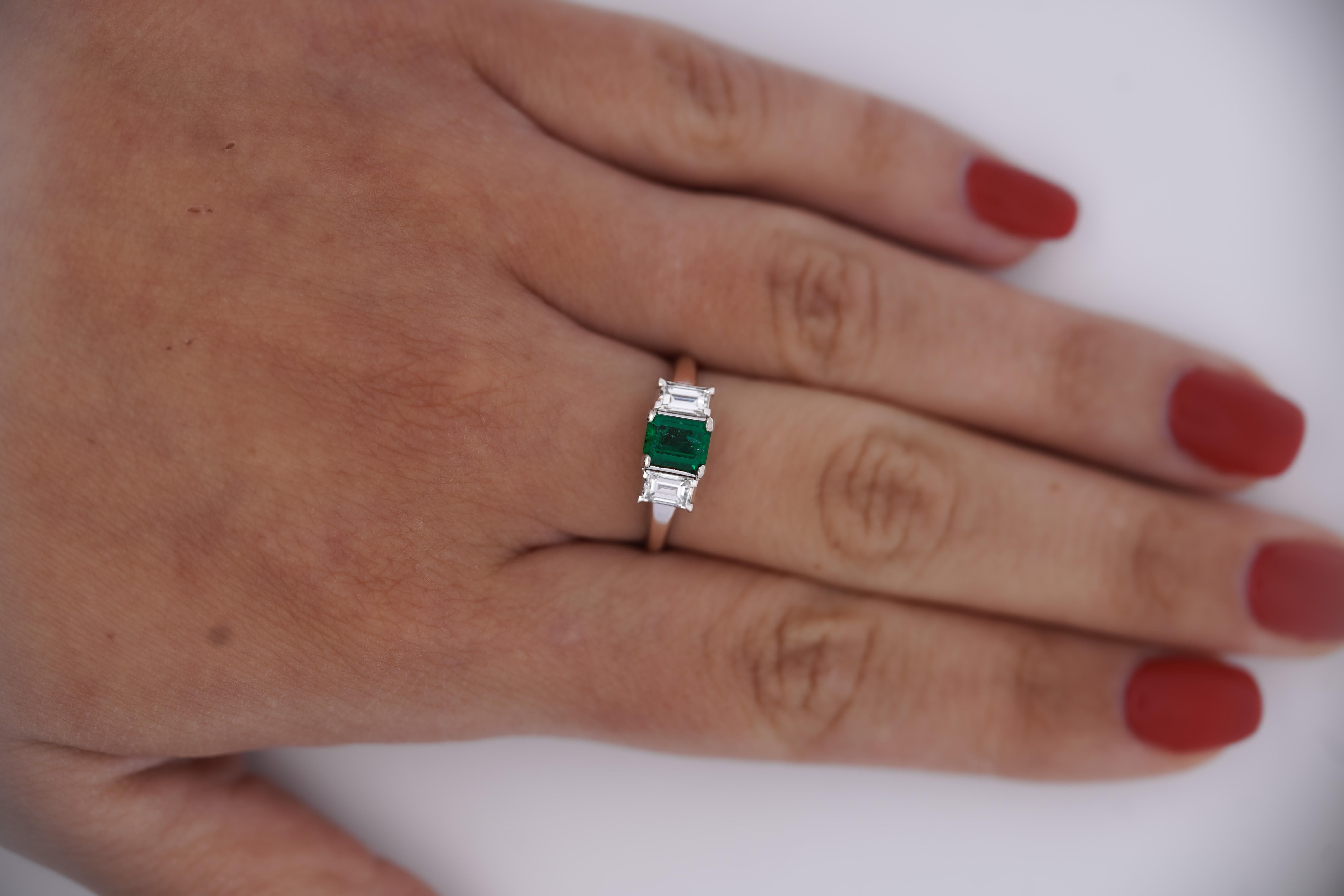 Modern 1.07 Carat Square-Cut Emerald and Diamond Three Stone Platinum Ring For Sale