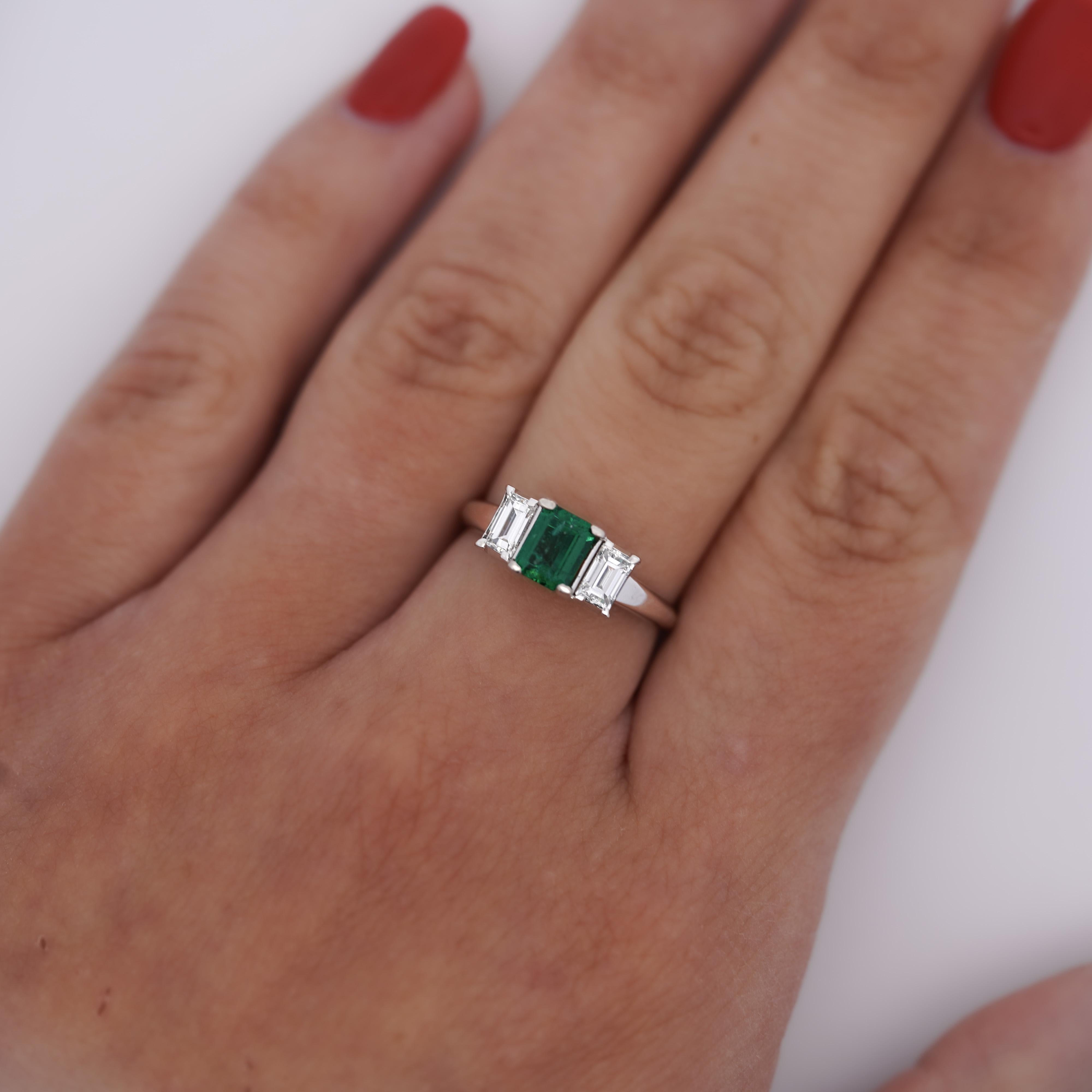 Emerald Cut 1.07 Carat Square-Cut Emerald and Diamond Three Stone Platinum Ring For Sale