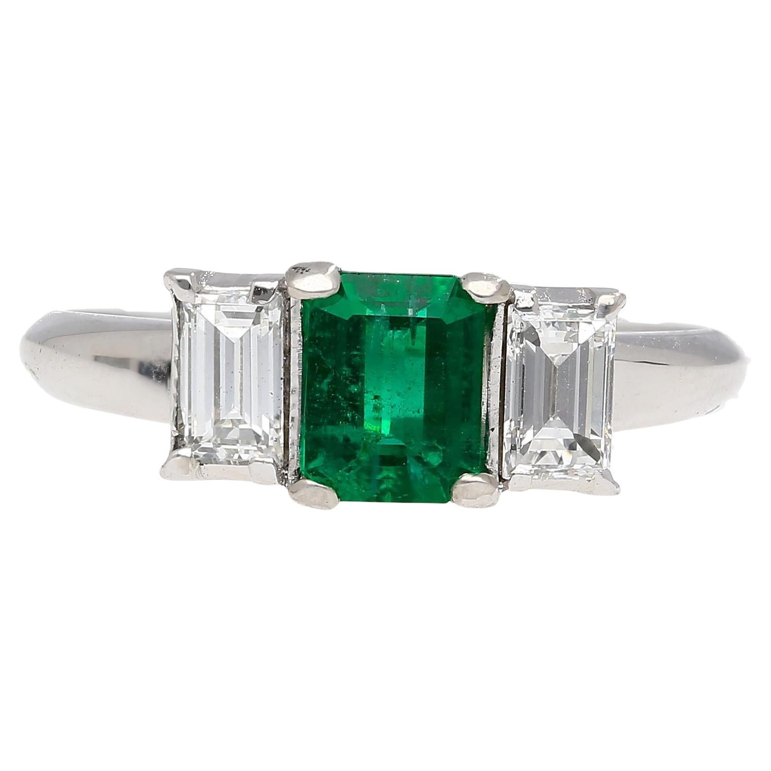 1.07 Carat Square-Cut Emerald and Diamond Three Stone Platinum Ring