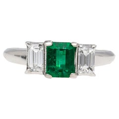 1.07 Carat Square-Cut Emerald and Diamond Three Stone Platinum Ring