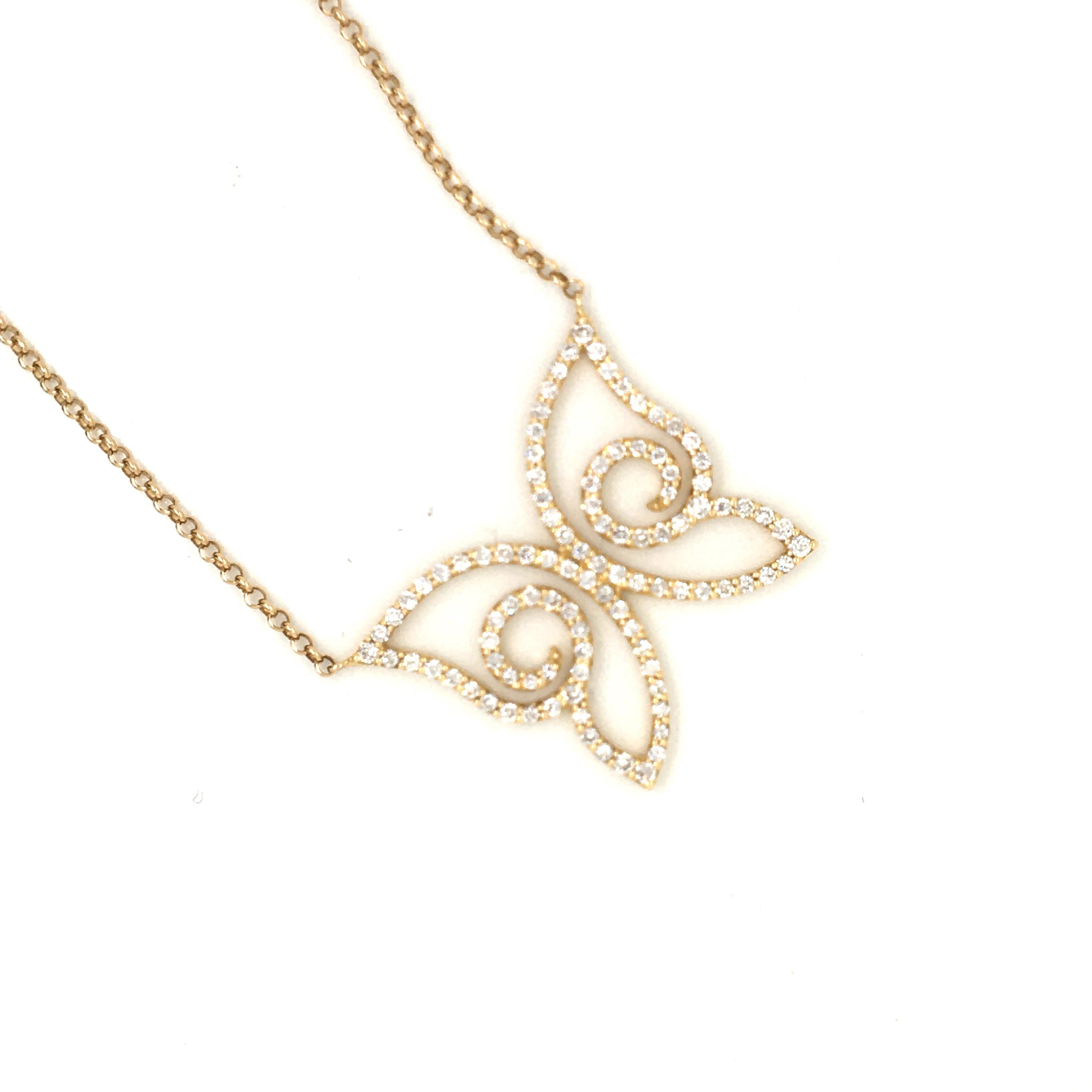 18 KT yellow gold pendent designed as a Butterfly style, set with 1.07 carats of diamonds, color G clarity VS
made in Italy  come in a Box
total length 22 CM