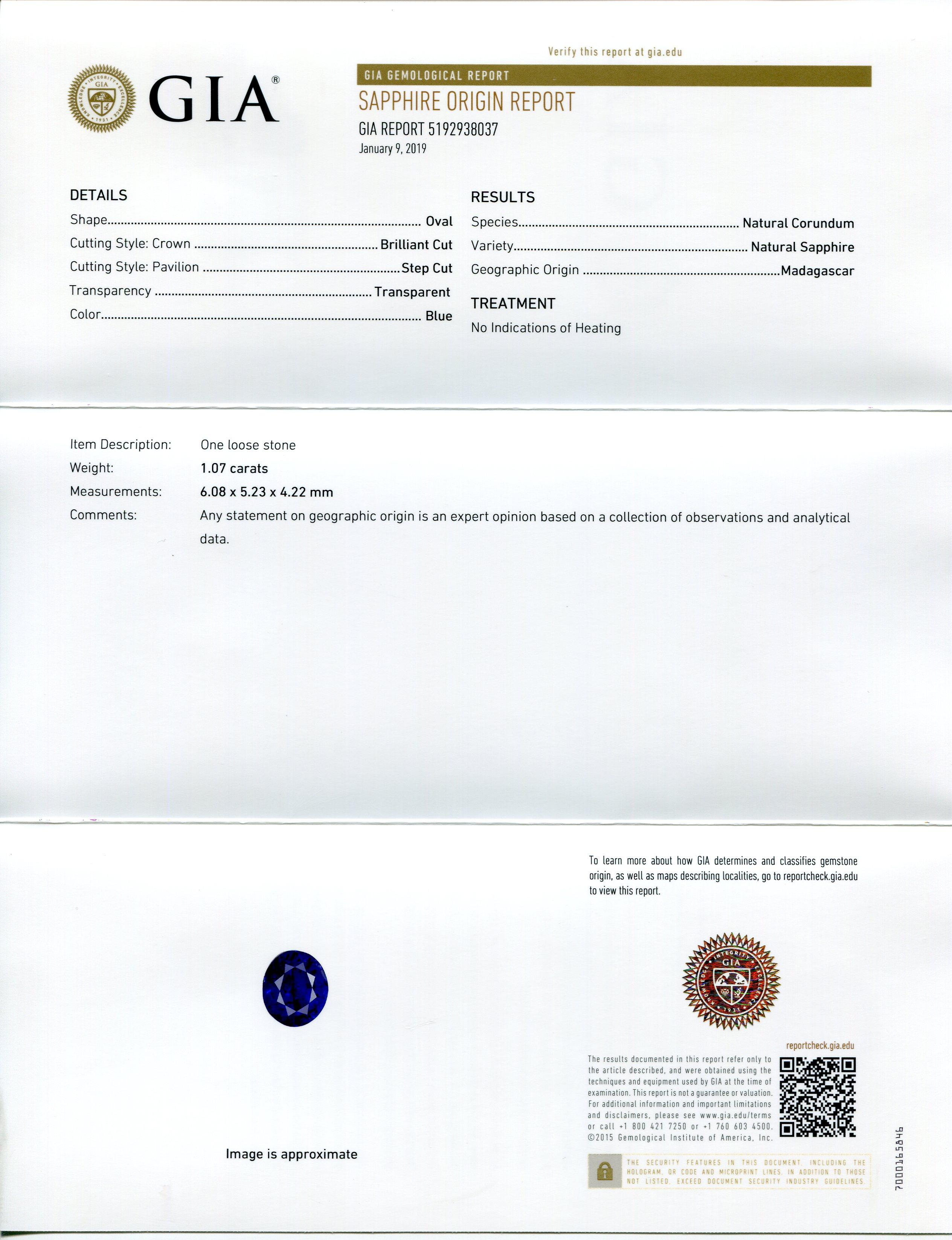  Saphir bleu ovale non chauffé de 1,07 carat certifié GIA Unisexe 