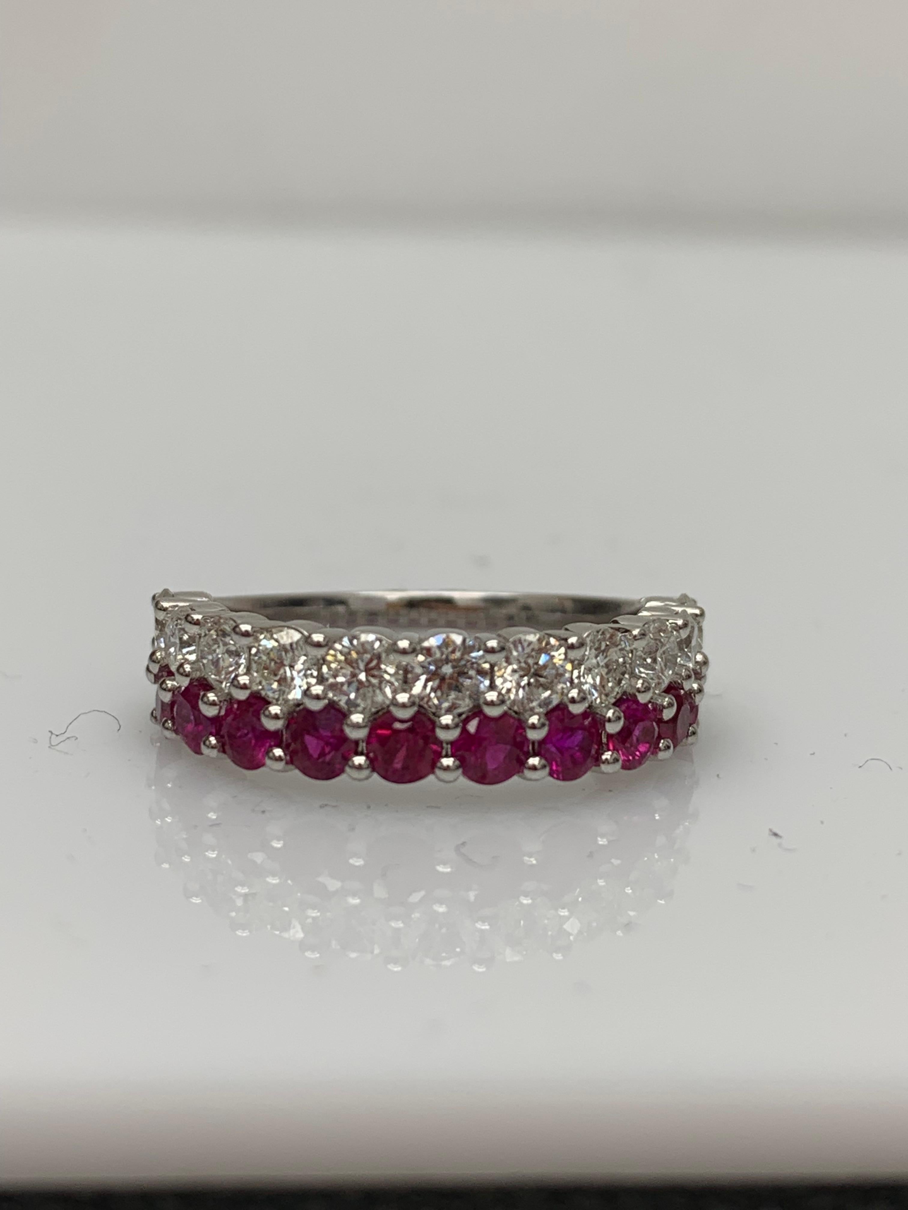 1.07 Ct Round Shape Ruby and Diamond Double Row Band Ring in 14K White Gold For Sale 5