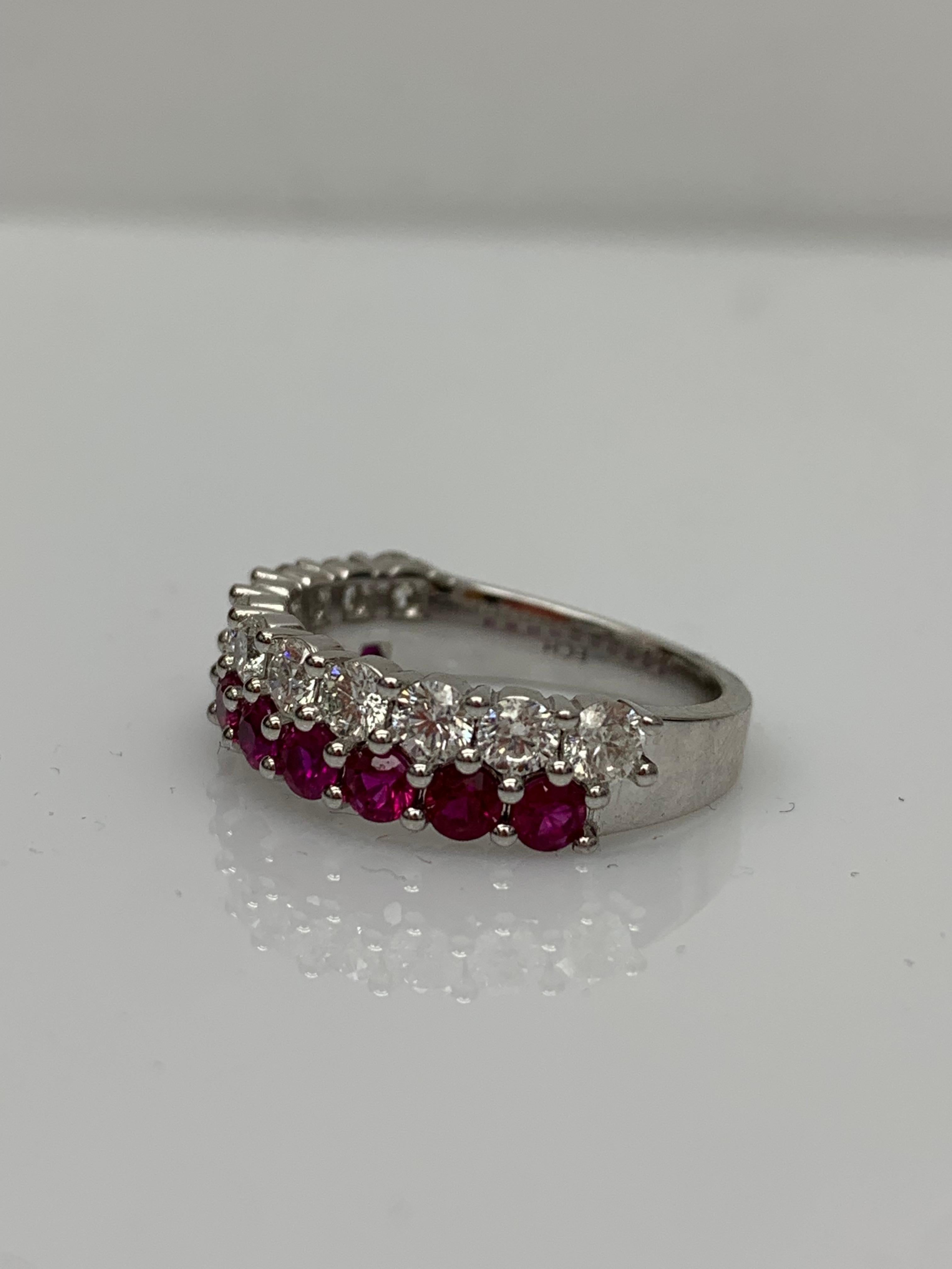 1.07 Ct Round Shape Ruby and Diamond Double Row Band Ring in 14K White Gold For Sale 6