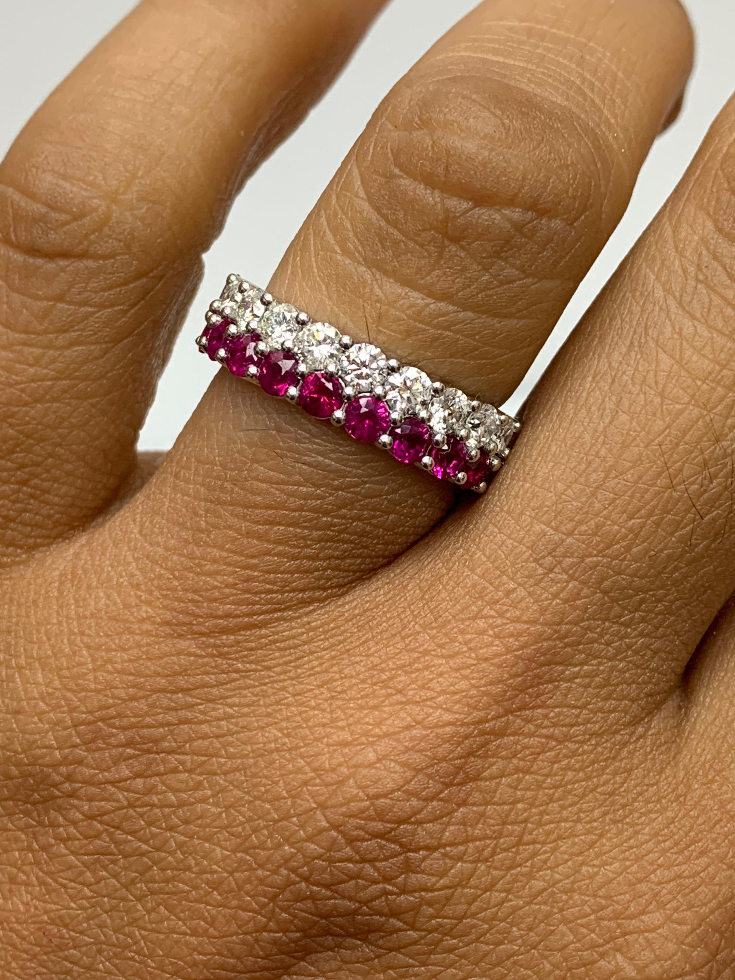 Modern 1.07 Ct Round Shape Ruby and Diamond Double Row Band Ring in 14K White Gold For Sale
