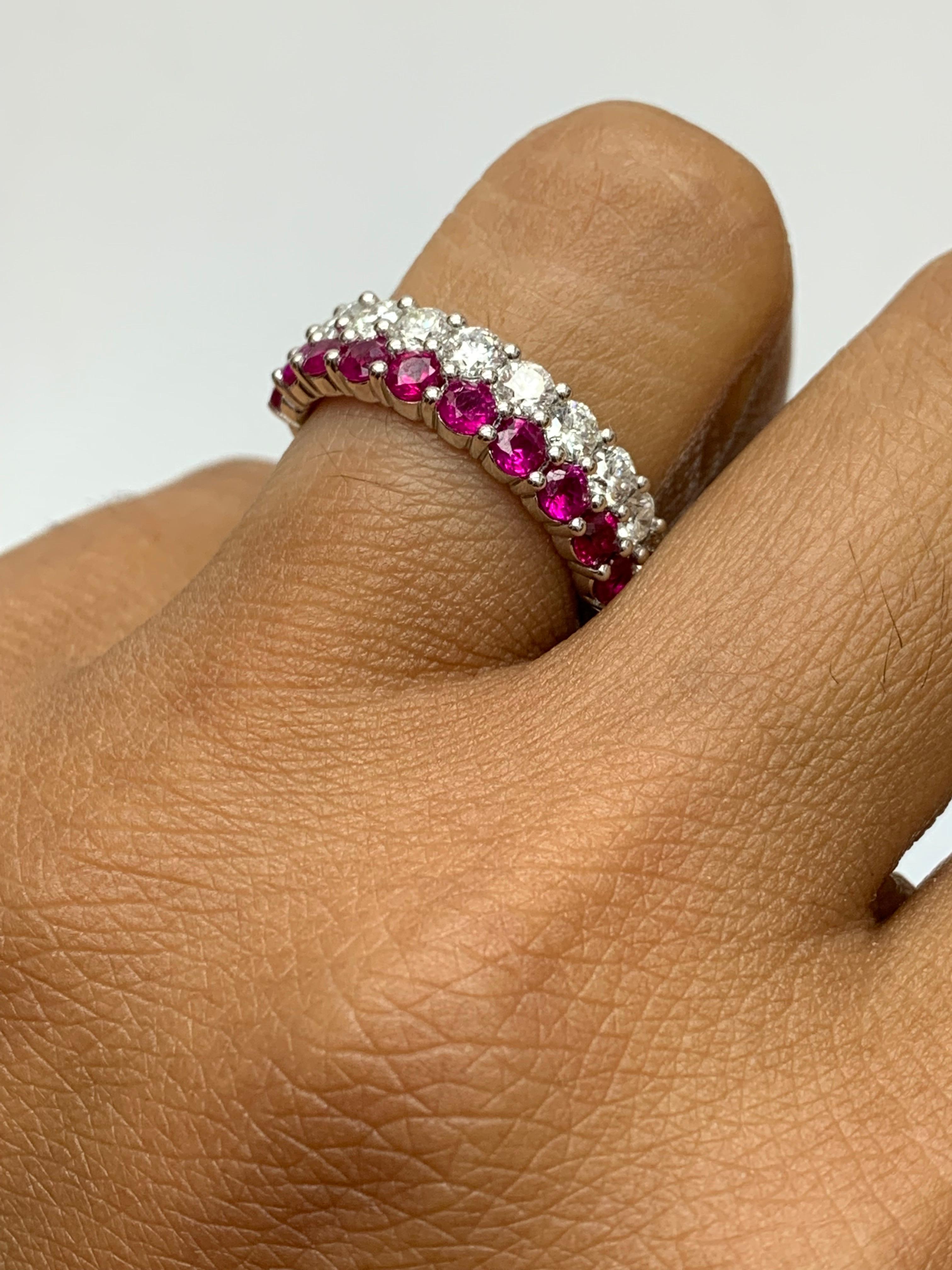 Round Cut 1.07 Ct Round Shape Ruby and Diamond Double Row Band Ring in 14K White Gold For Sale