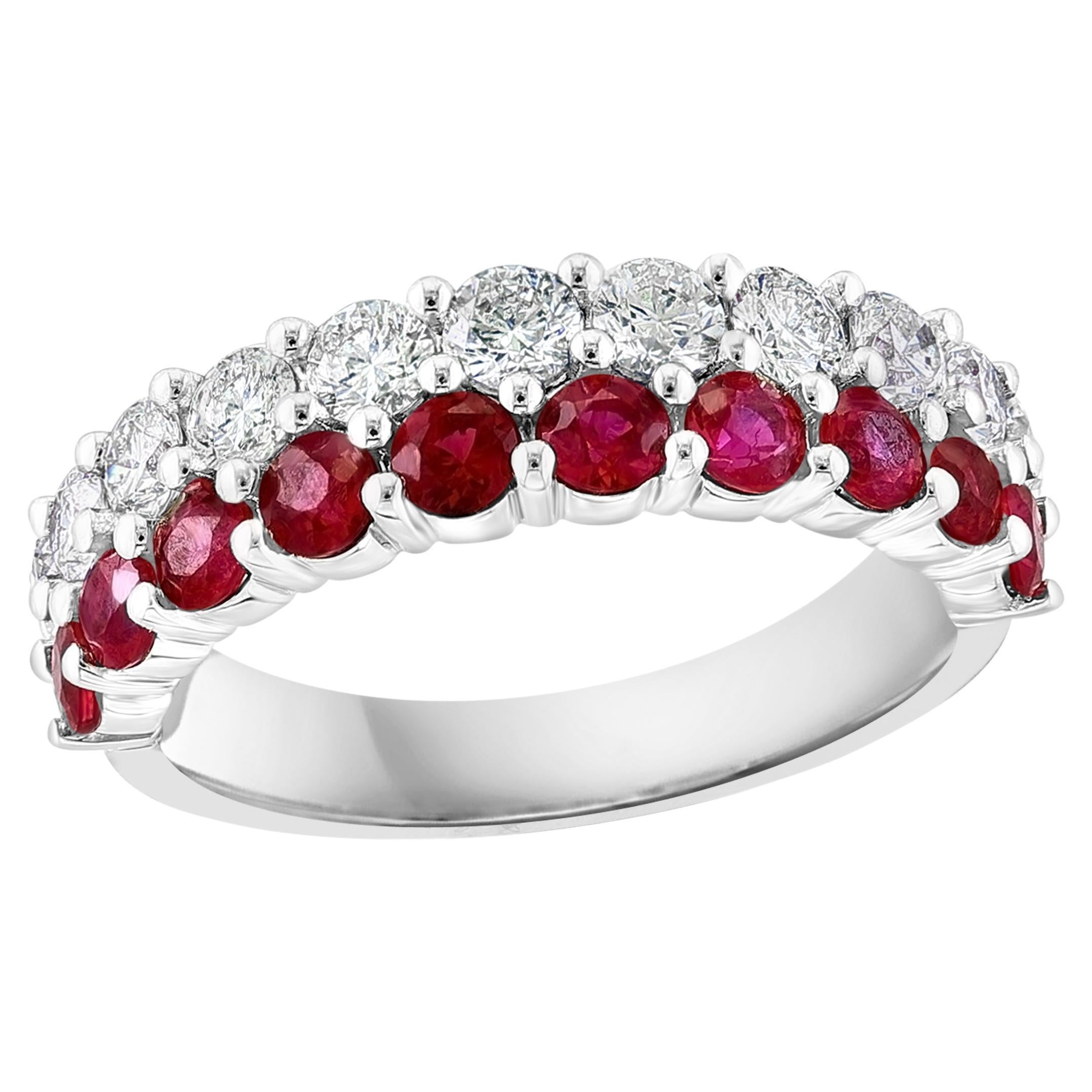 1.07 Ct Round Shape Ruby and Diamond Double Row Band Ring in 14K White Gold For Sale